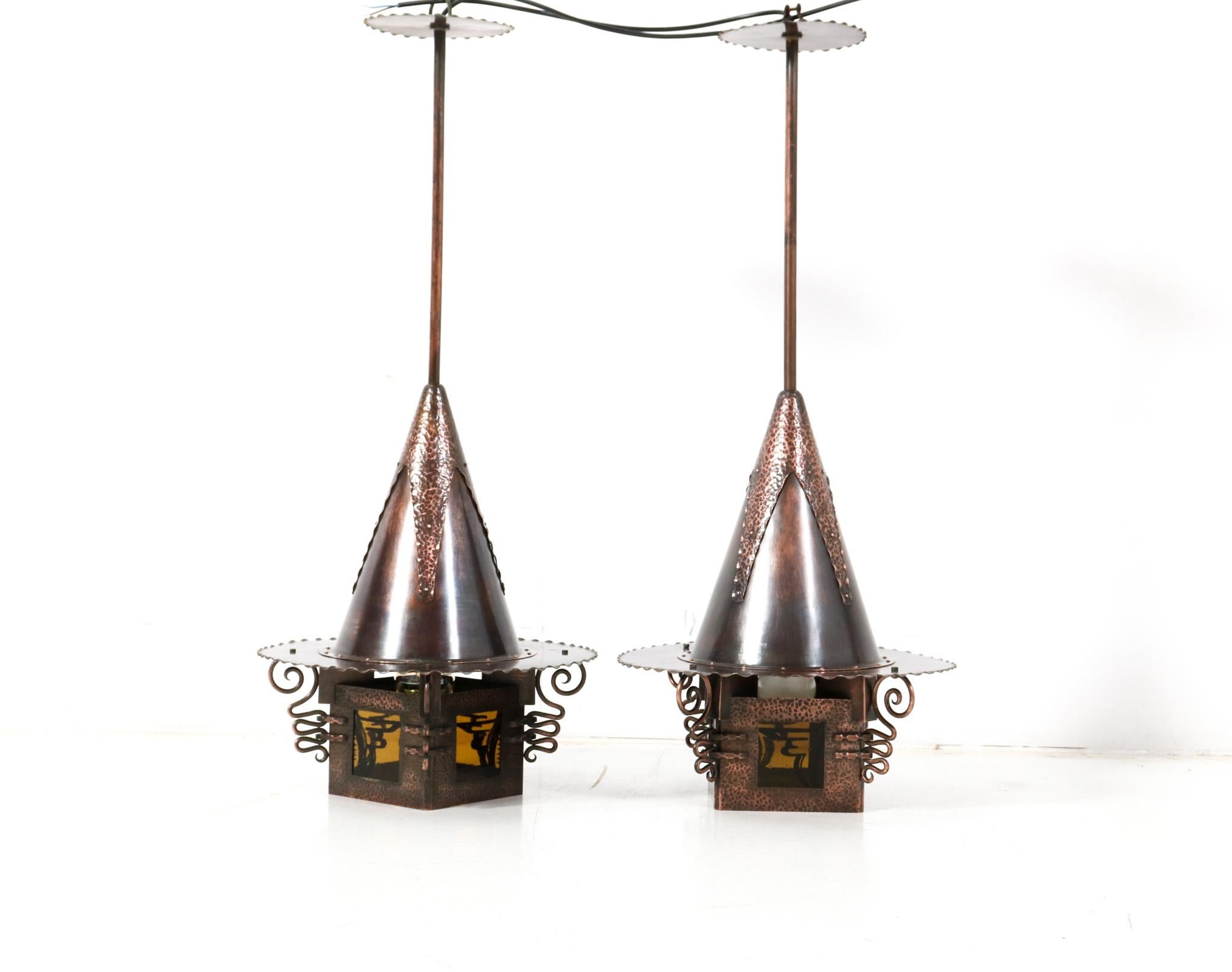 Pair of Patinated Copper Art Deco Amsterdamse School Lanterns, 1920s 9
