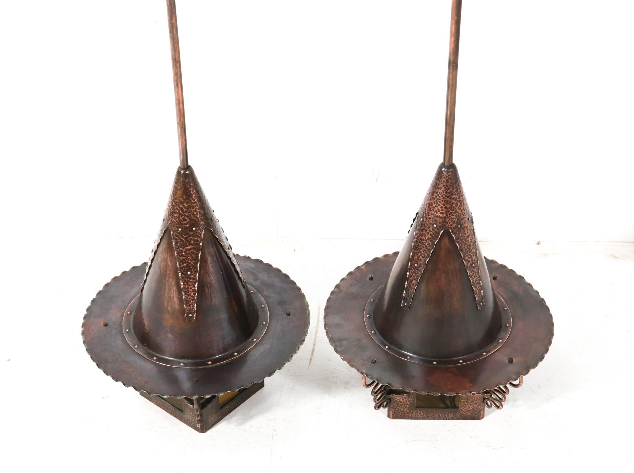 Pair of Patinated Copper Art Deco Amsterdamse School Lanterns, 1920s 10