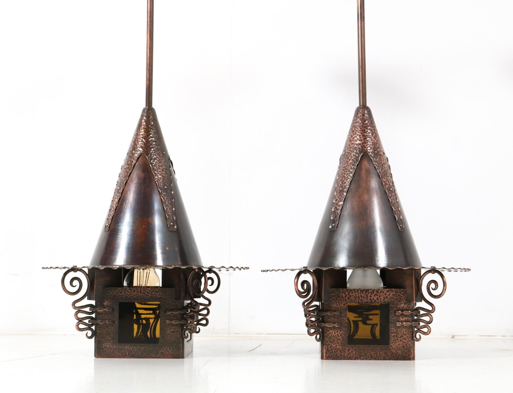Pair of Patinated Copper Art Deco Amsterdamse School Lanterns, 1920s 11