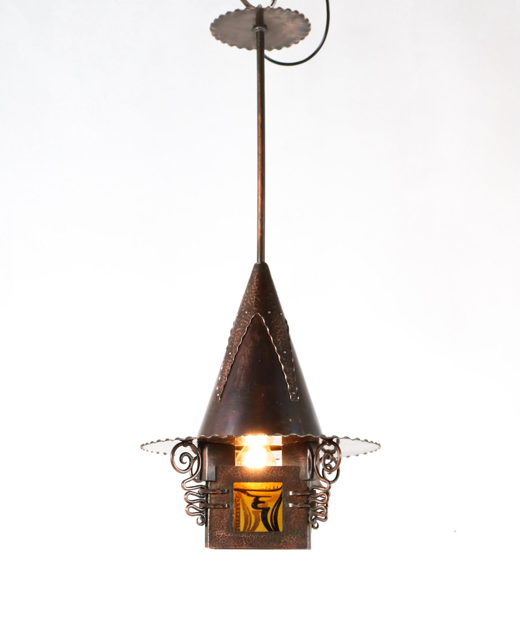 Dutch Pair of Patinated Copper Art Deco Amsterdamse School Lanterns, 1920s