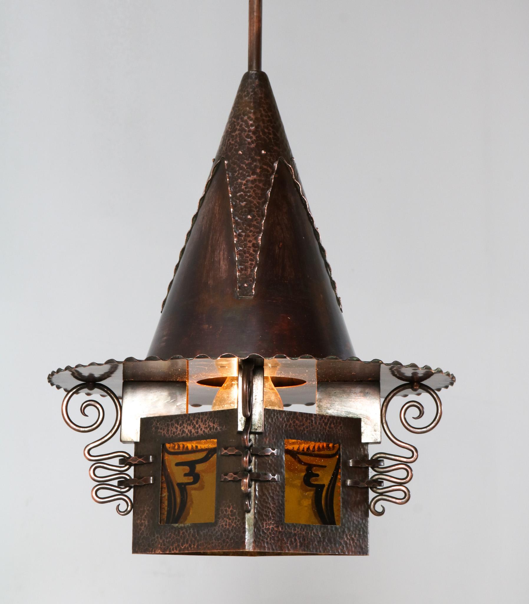 Pair of Patinated Copper Art Deco Amsterdamse School Lanterns, 1920s 2