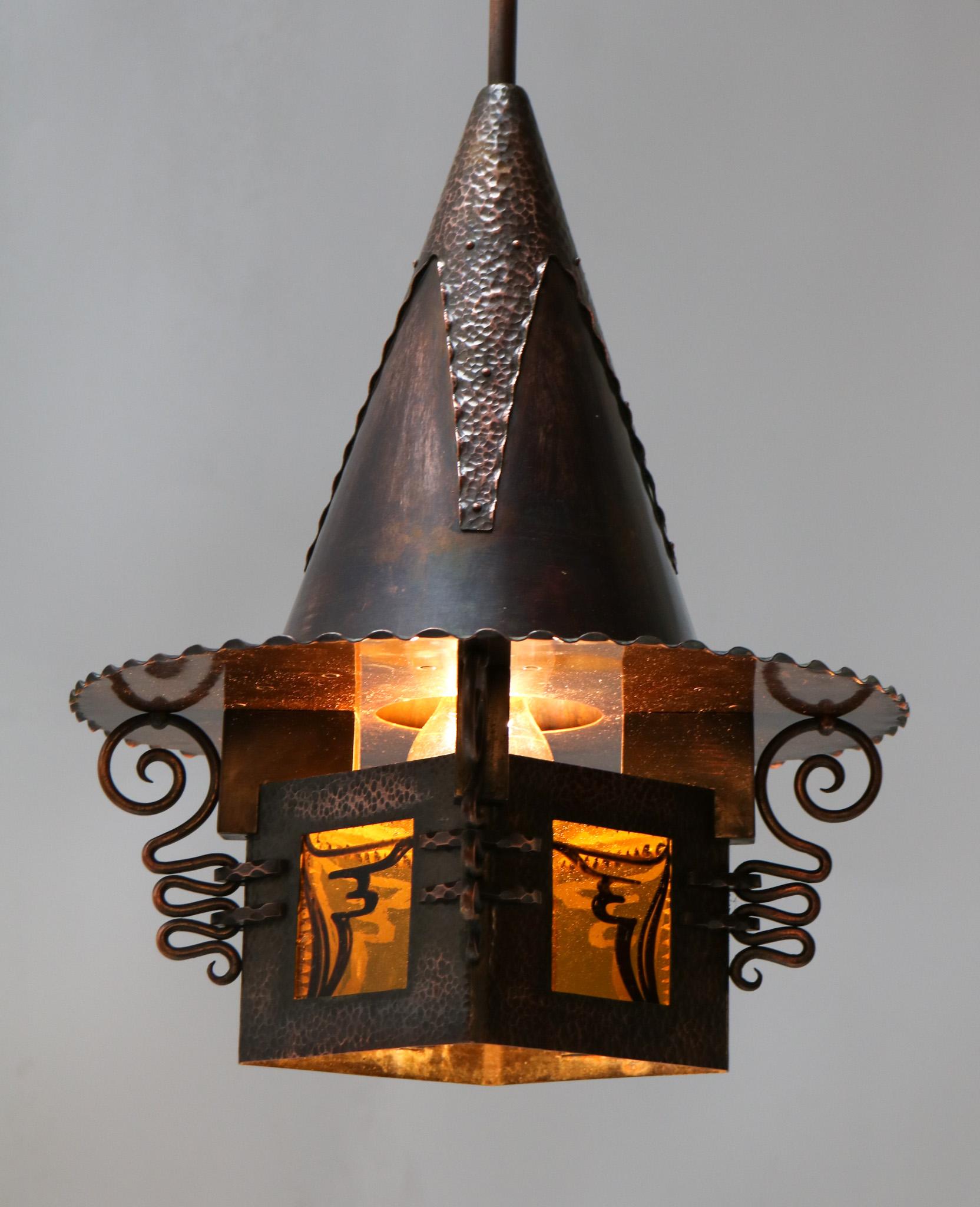 Pair of Patinated Copper Art Deco Amsterdamse School Lanterns, 1920s 3