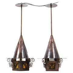 Pair of Patinated Copper Art Deco Amsterdamse School Lanterns, 1920s