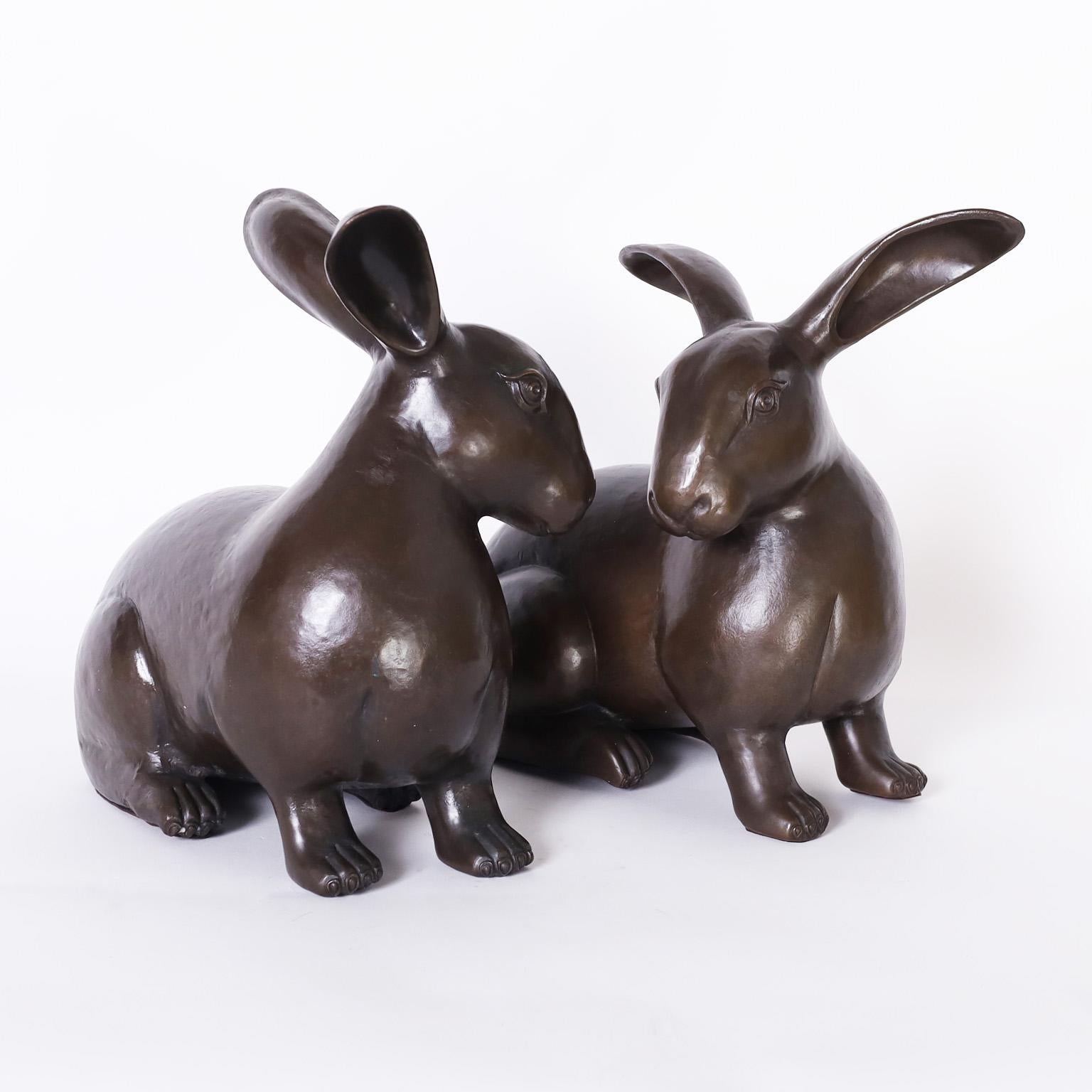 Mid-Century Modern Pair of Patinated Copper Rabbit Sculptures