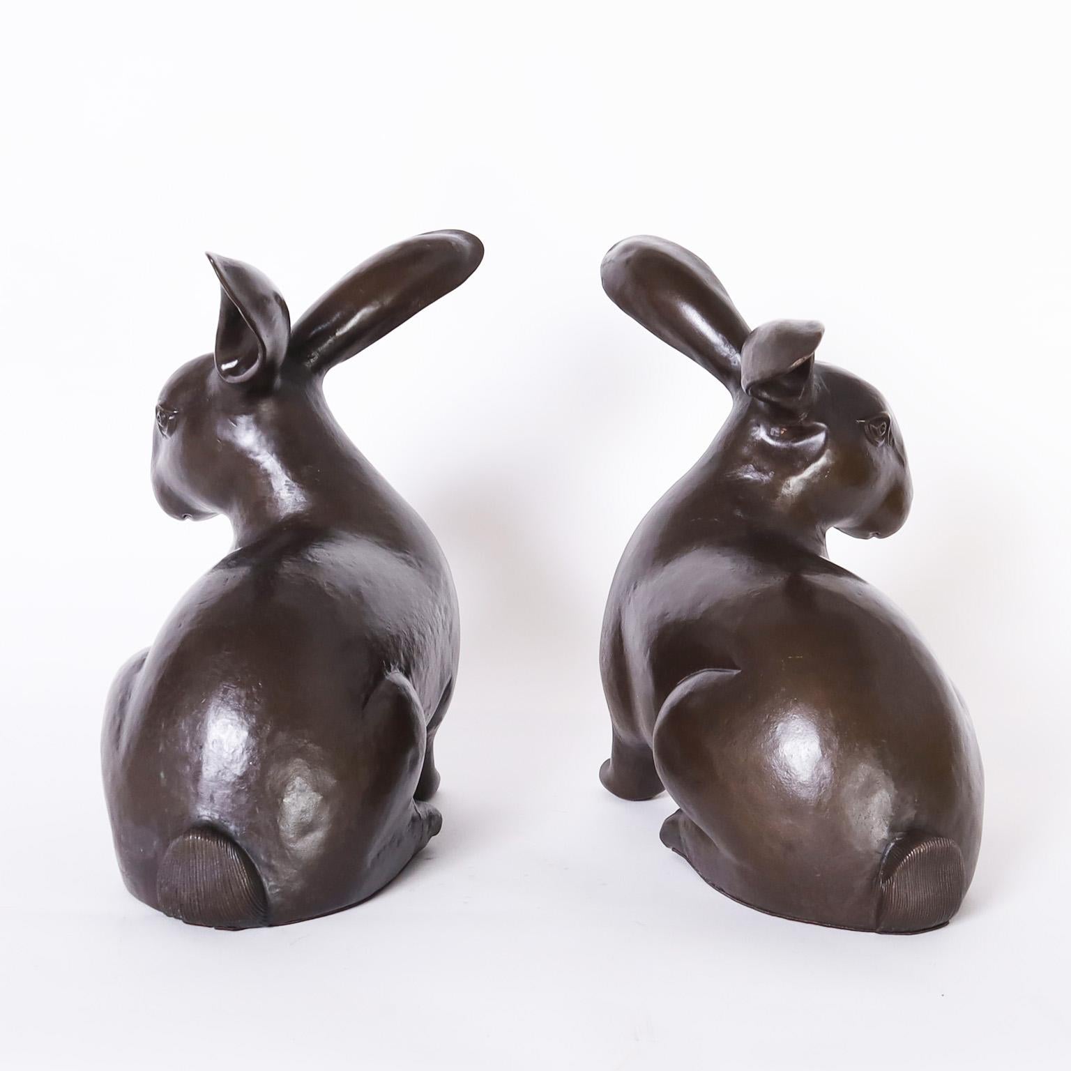 American Pair of Patinated Copper Rabbit Sculptures