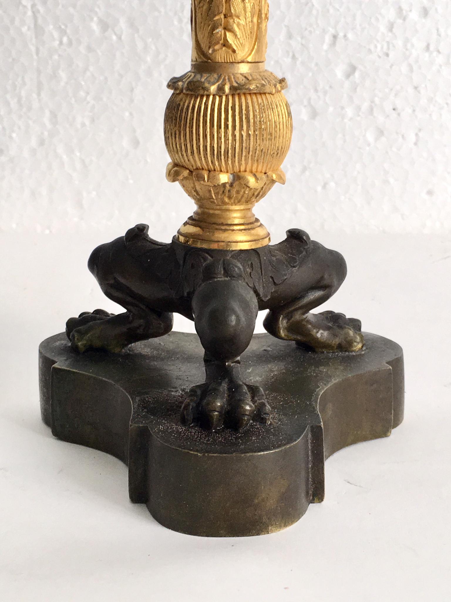 Pair of Patinated Gilt Bronze French Empire Candlestick In Good Condition In Madrid, ES