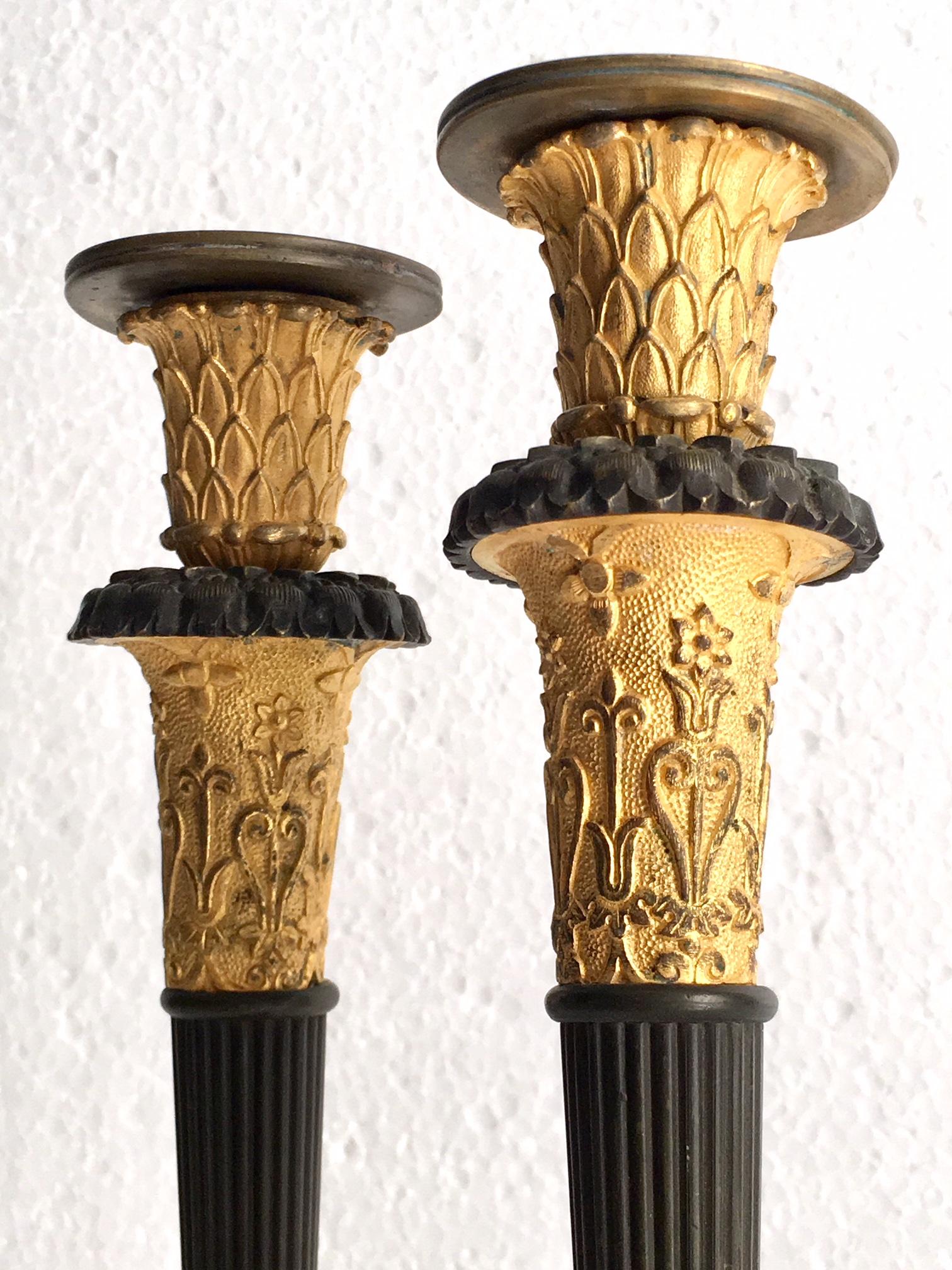 19th Century Pair of Patinated Gilt Bronze French Empire Candlestick