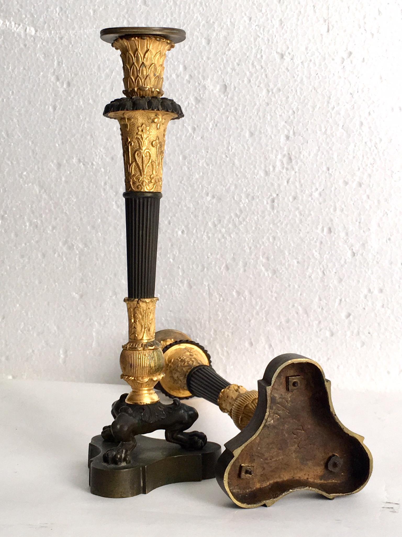 Pair of Patinated Gilt Bronze French Empire Candlestick 2
