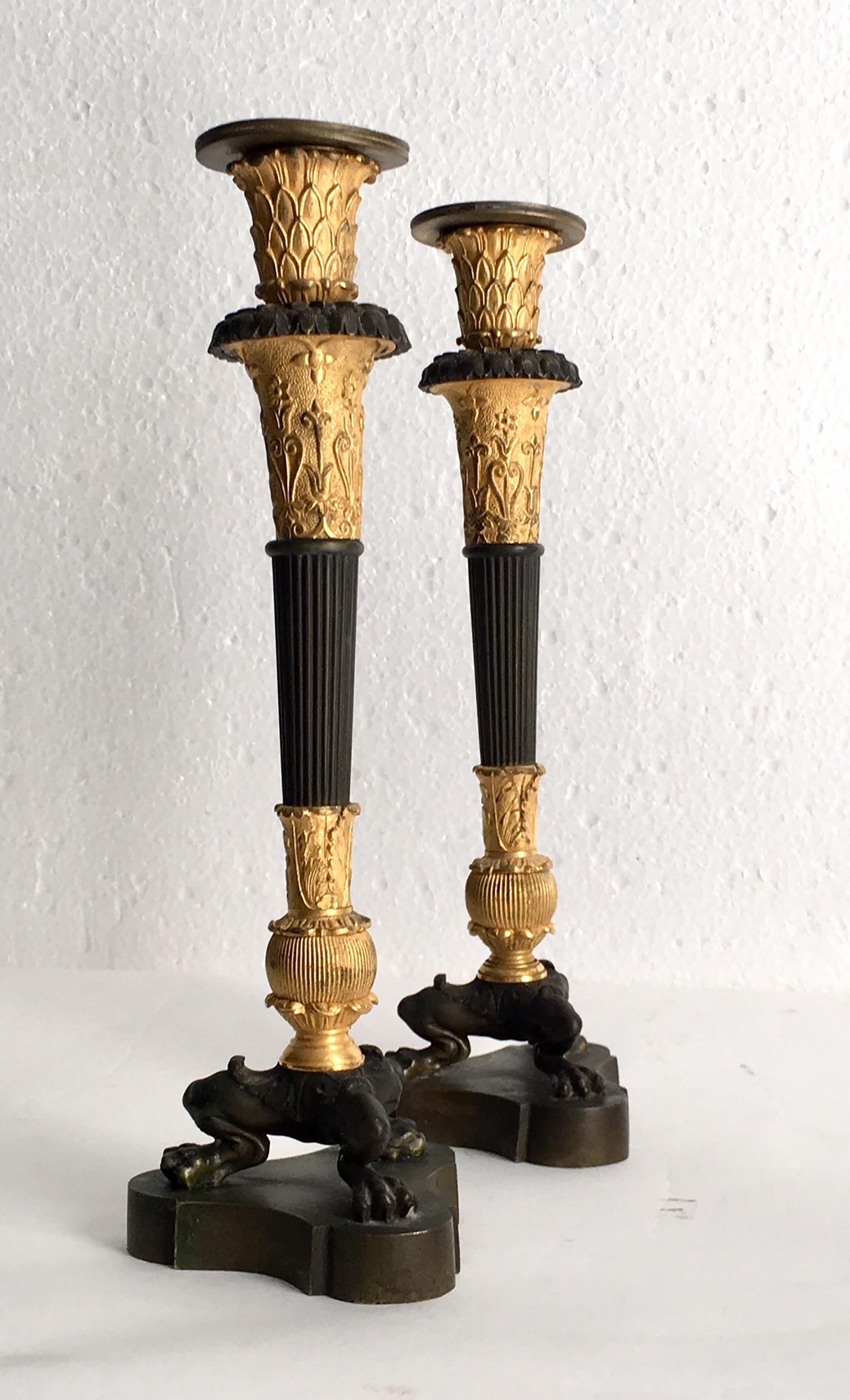Pair of Patinated Gilt Bronze French Empire Candlestick 4