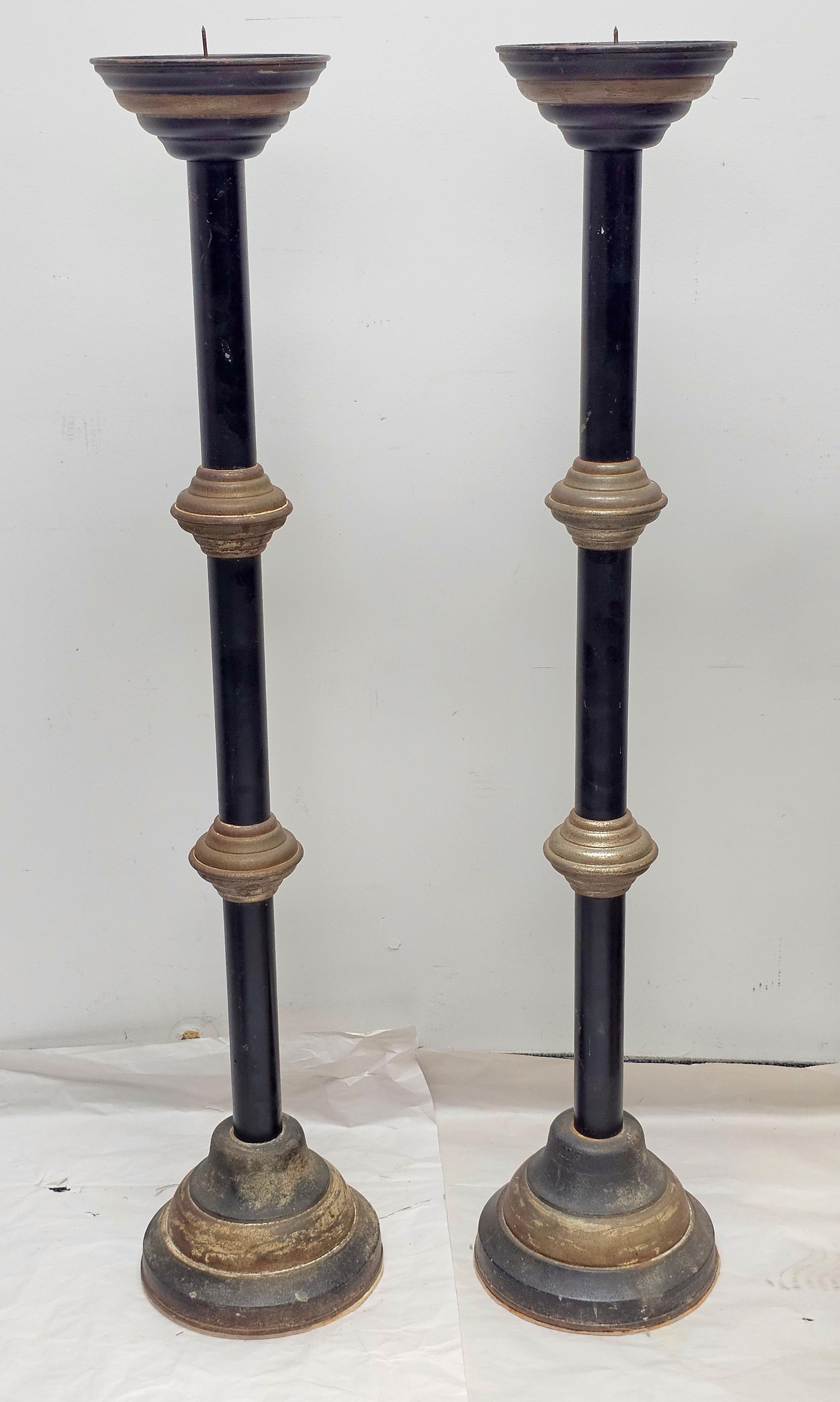 Classical Roman Pair of  Patinated Iron and Ebonized Metal PricketsCandleholders Torcheres For Sale