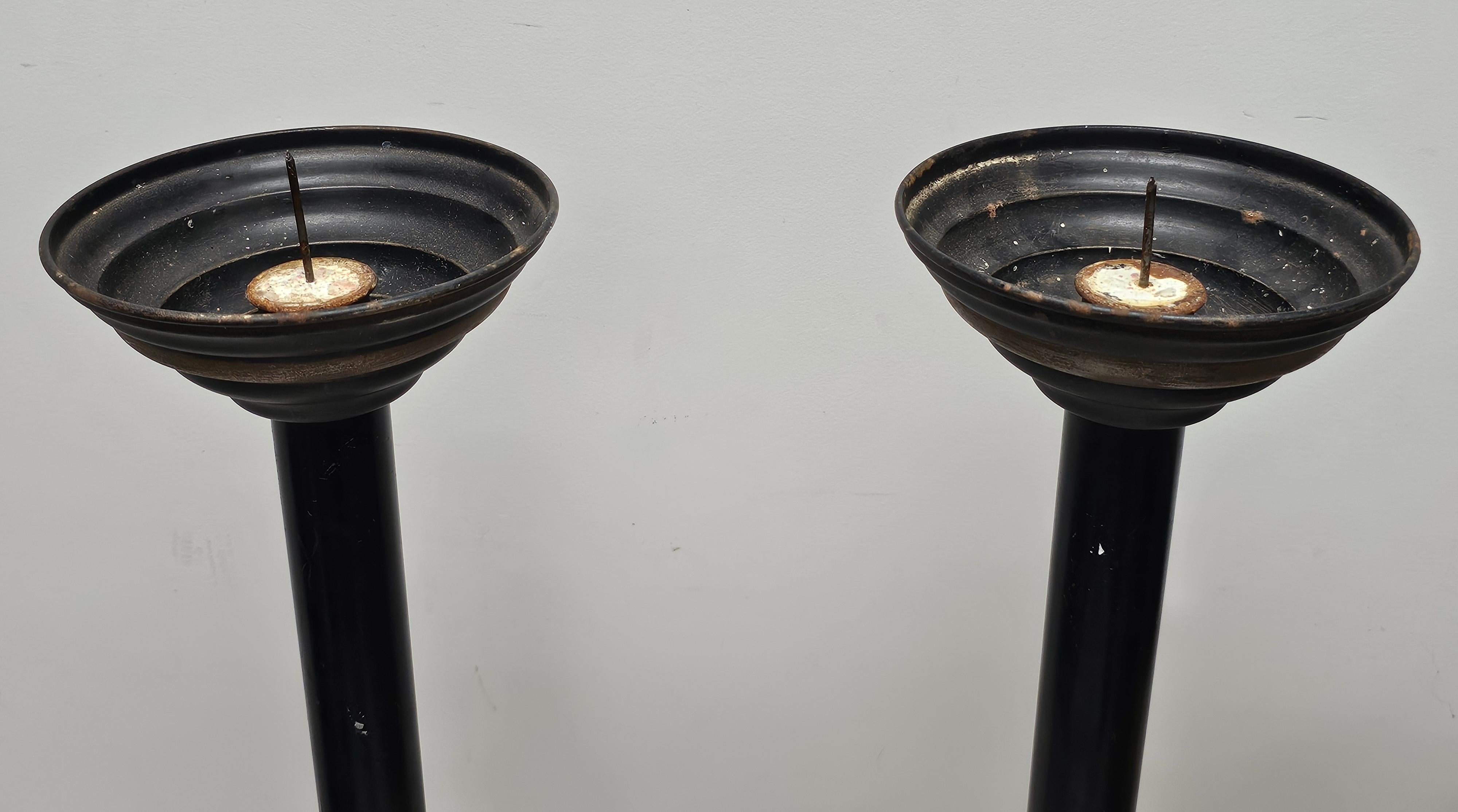 Pair of  Patinated Iron and Ebonized Metal PricketsCandleholders Torcheres In Good Condition For Sale In Germantown, MD