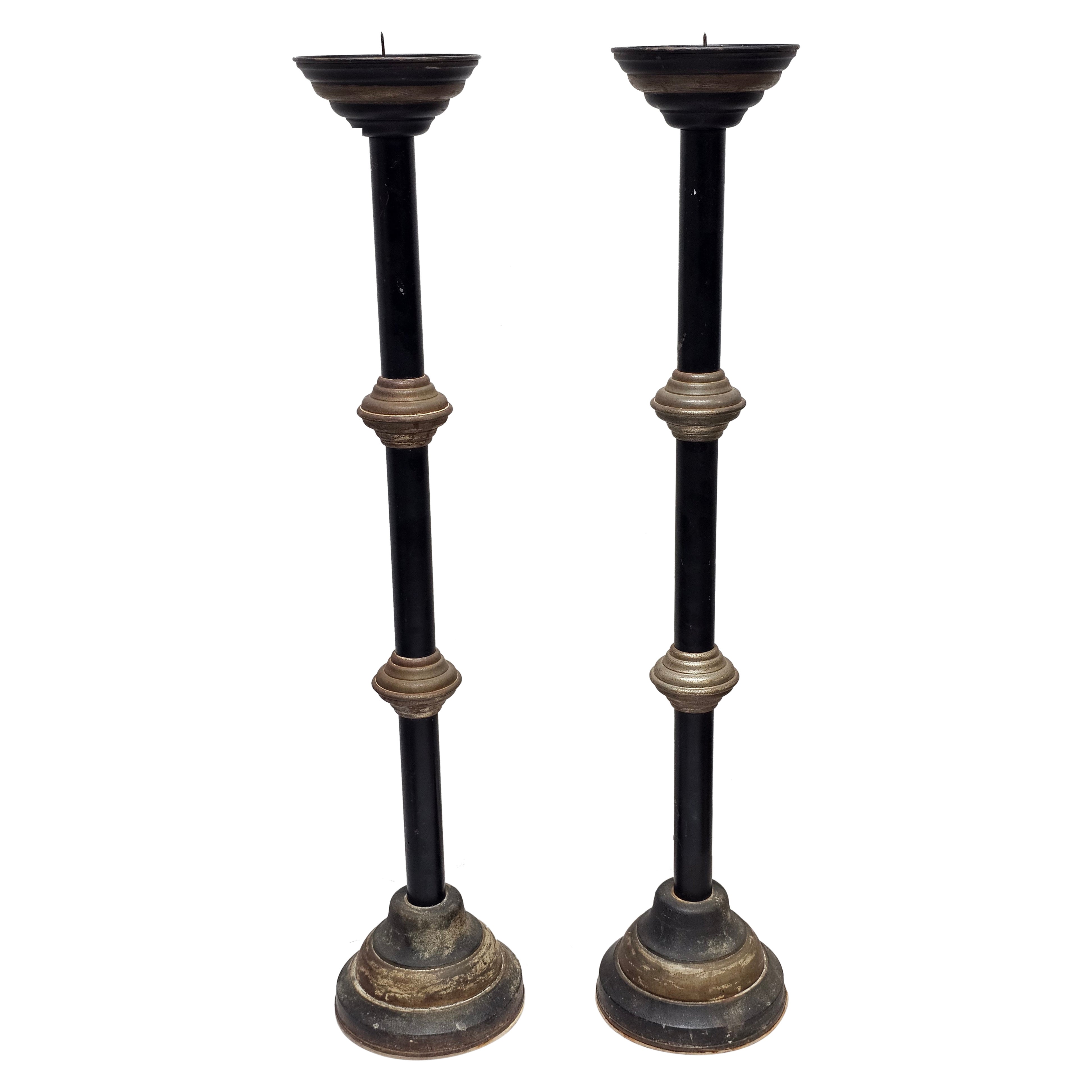 Pair of  Patinated Iron and Ebonized Metal PricketsCandleholders Torcheres For Sale