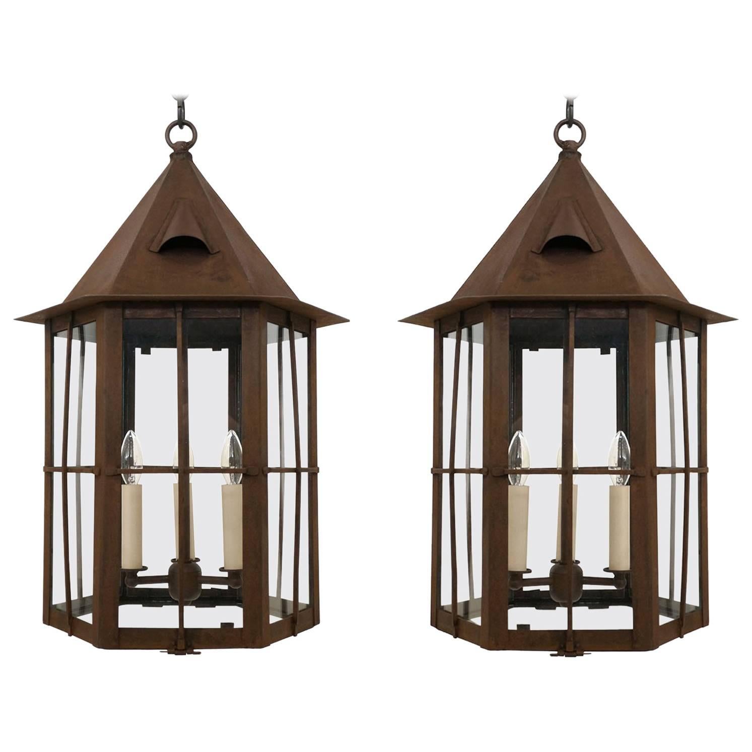 Pair of Patinated Iron and Glass Lanterns, England, circa 1960s For Sale