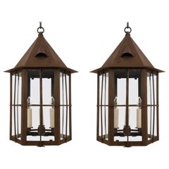 Pair of Patinated Iron and Glass Lanterns, England, circa 1960s