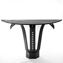 Pair of Patinated Iron and Marble Consoles, Art Deco style, France.