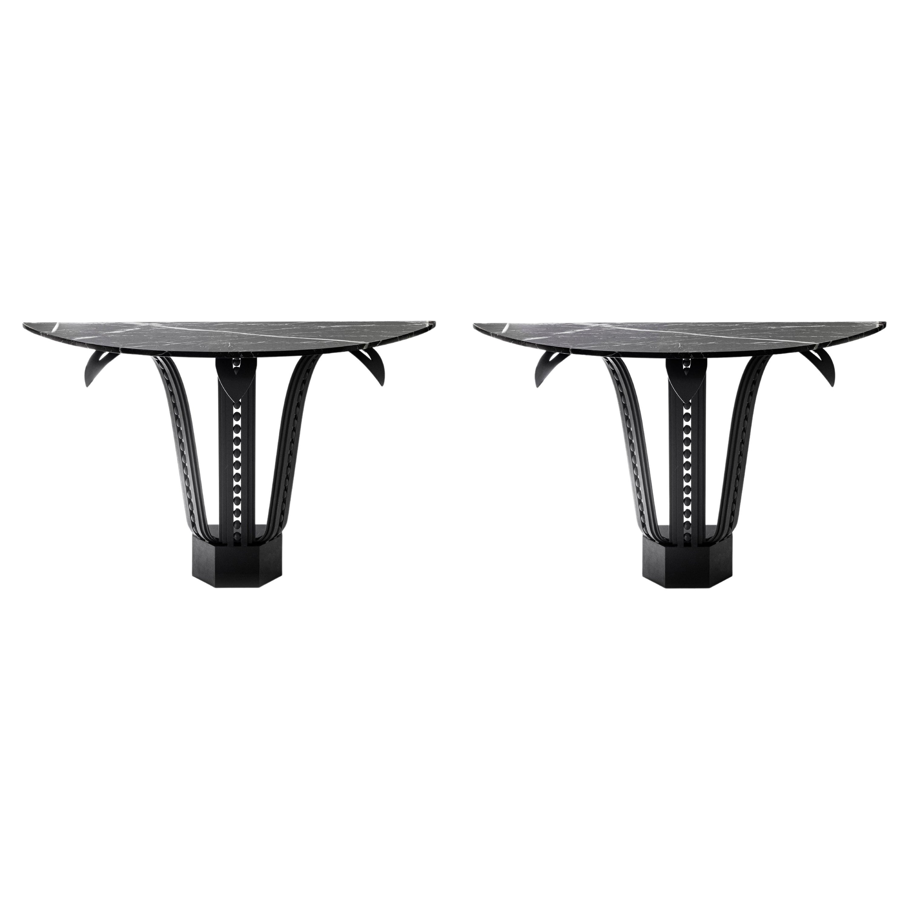 Pair of Patinated Iron and Marble Consoles, Art Deco style, France.