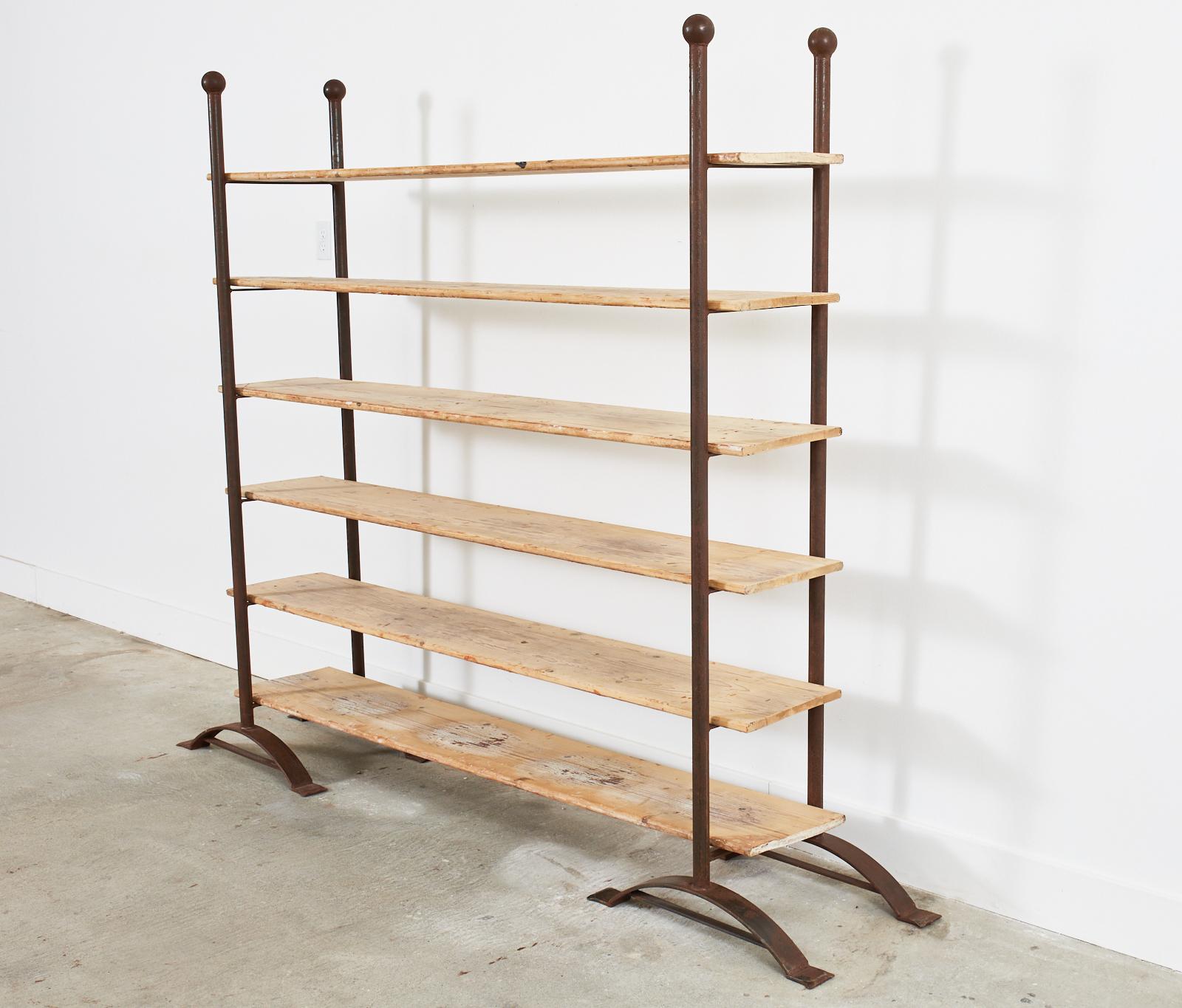 Pair of Patinated Iron and Pine Bakers Rack or Bookshelves For Sale 2