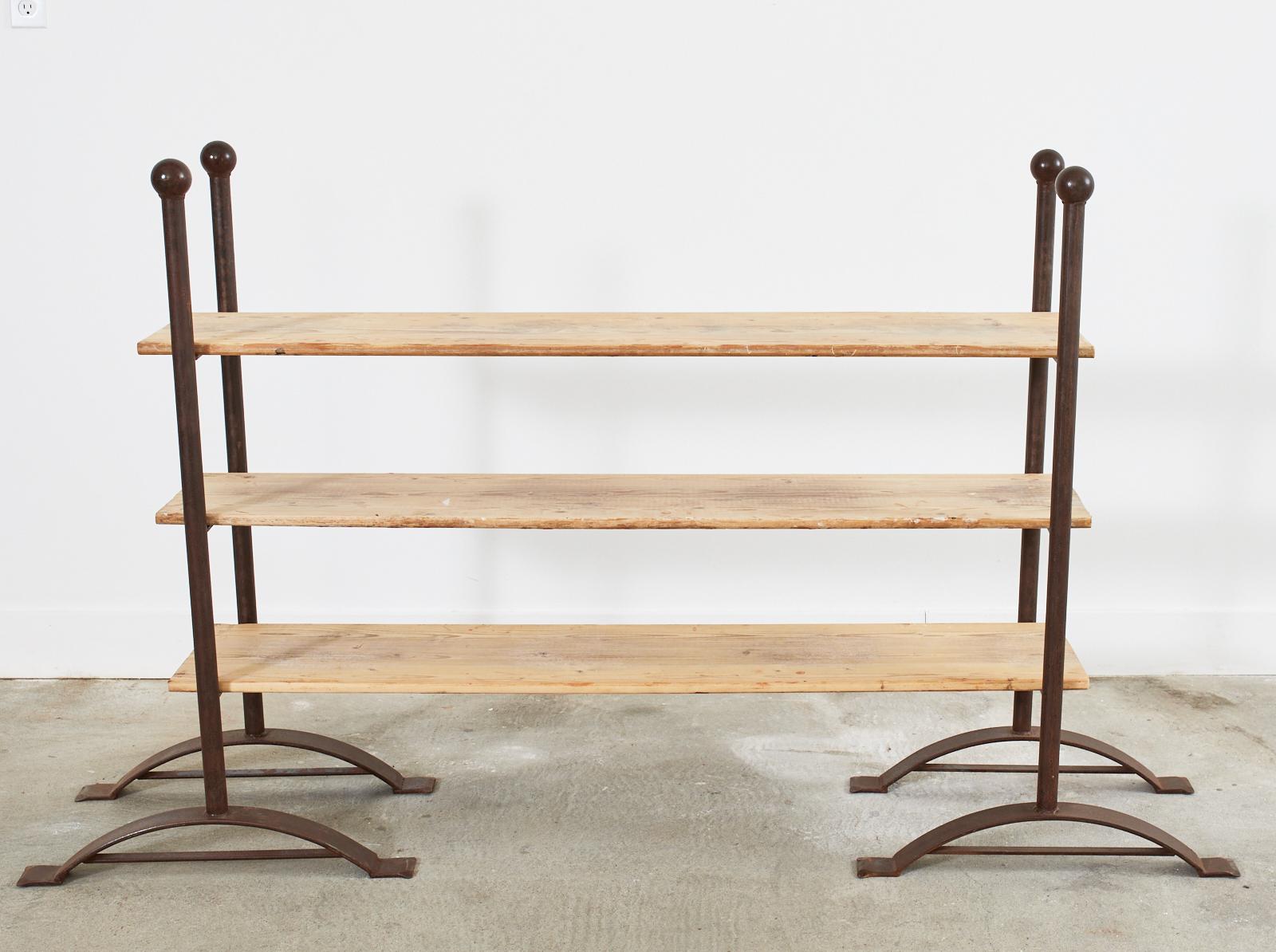Pair of Patinated Iron and Pine Bakers Rack or Bookshelves For Sale 3
