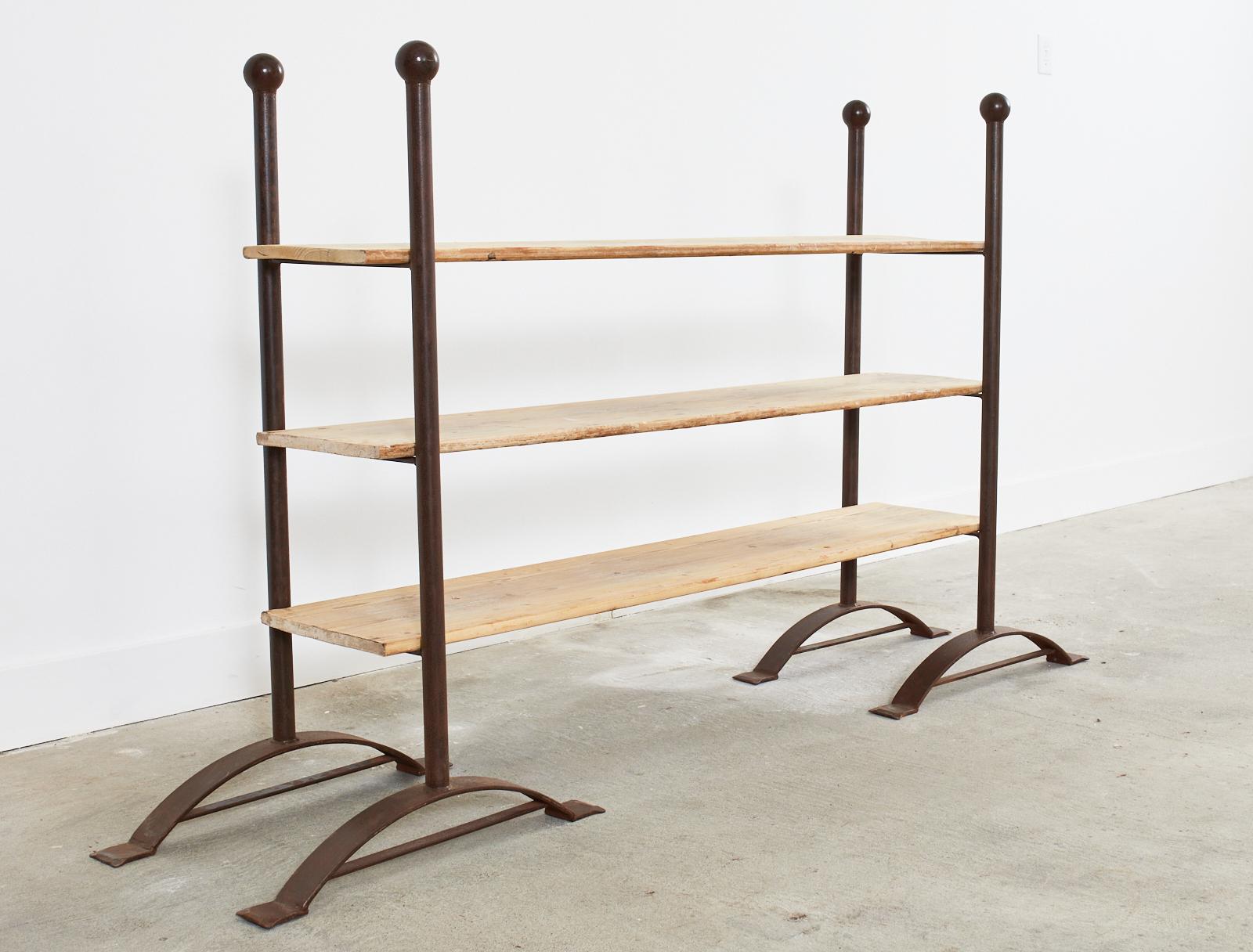 Pair of Patinated Iron and Pine Bakers Rack or Bookshelves For Sale 4