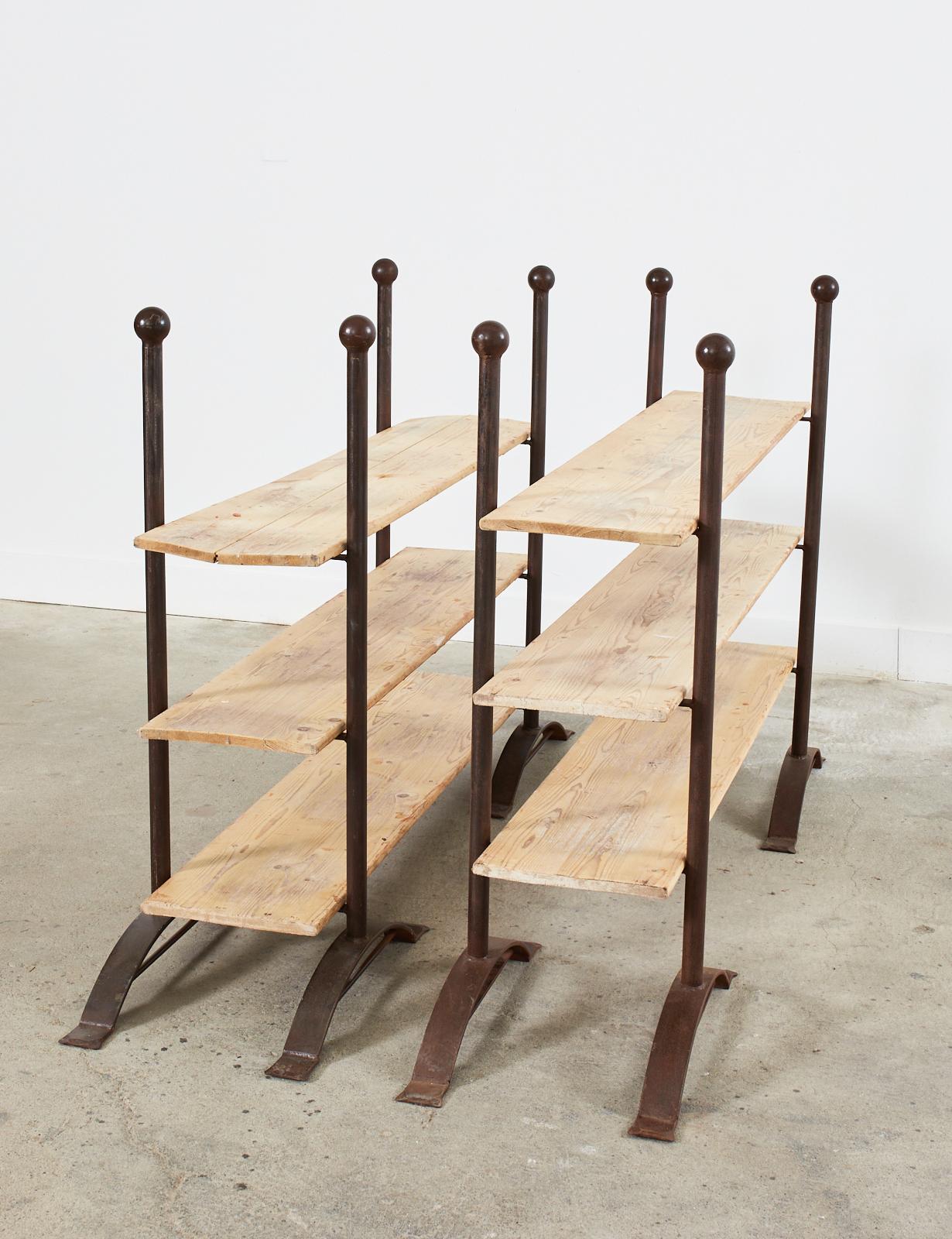 Pair of Patinated Iron and Pine Bakers Rack or Bookshelves For Sale 5