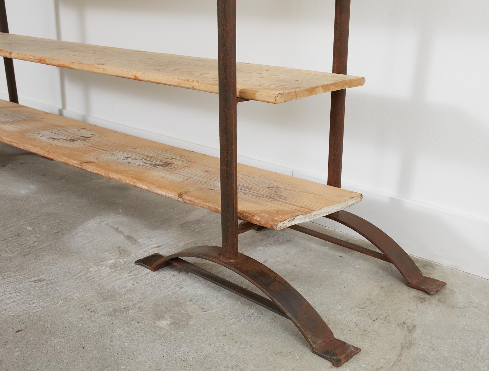 Pair of Patinated Iron and Pine Bakers Rack or Bookshelves For Sale 7