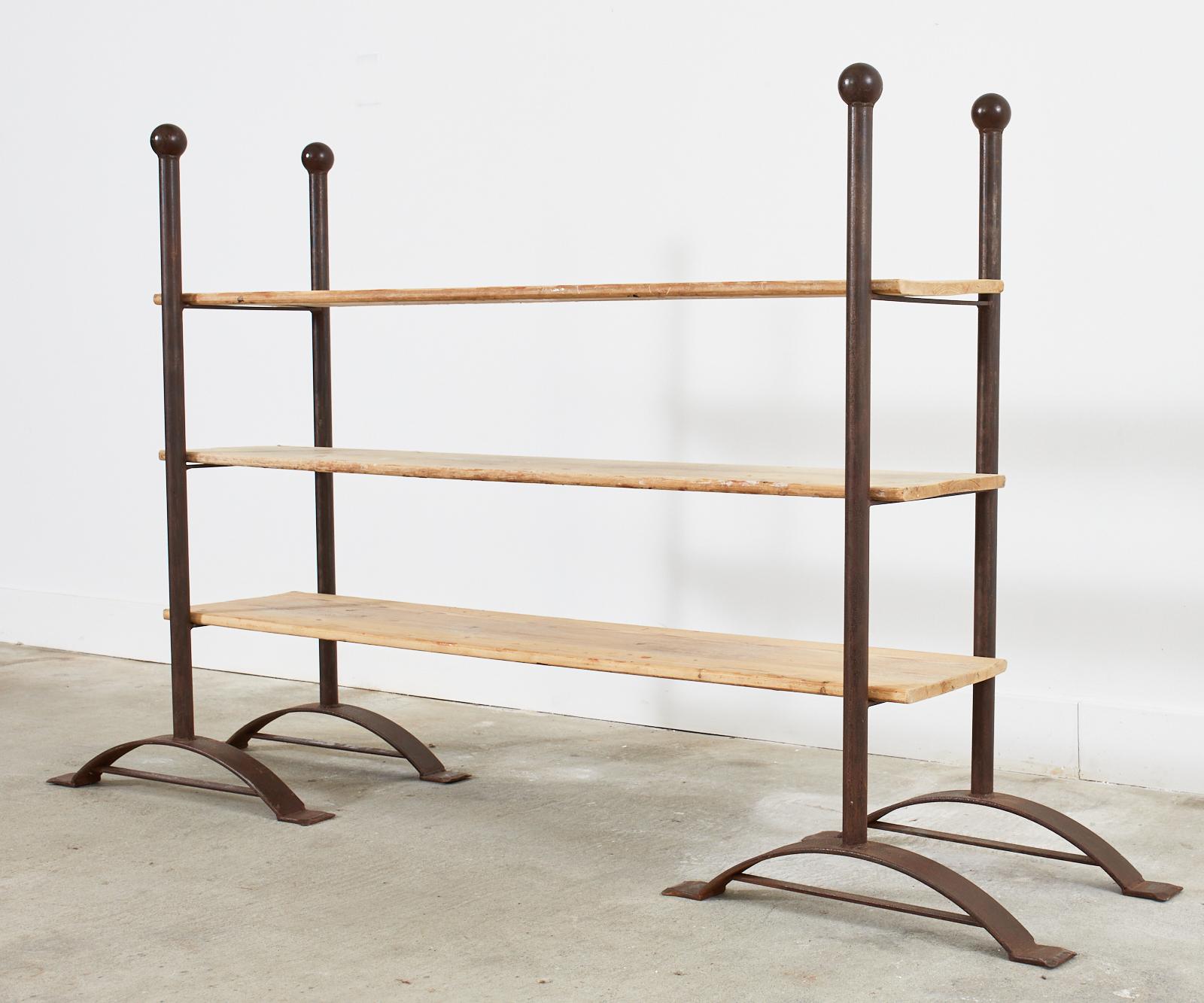 Pair of Patinated Iron and Pine Bakers Rack or Bookshelves For Sale 8