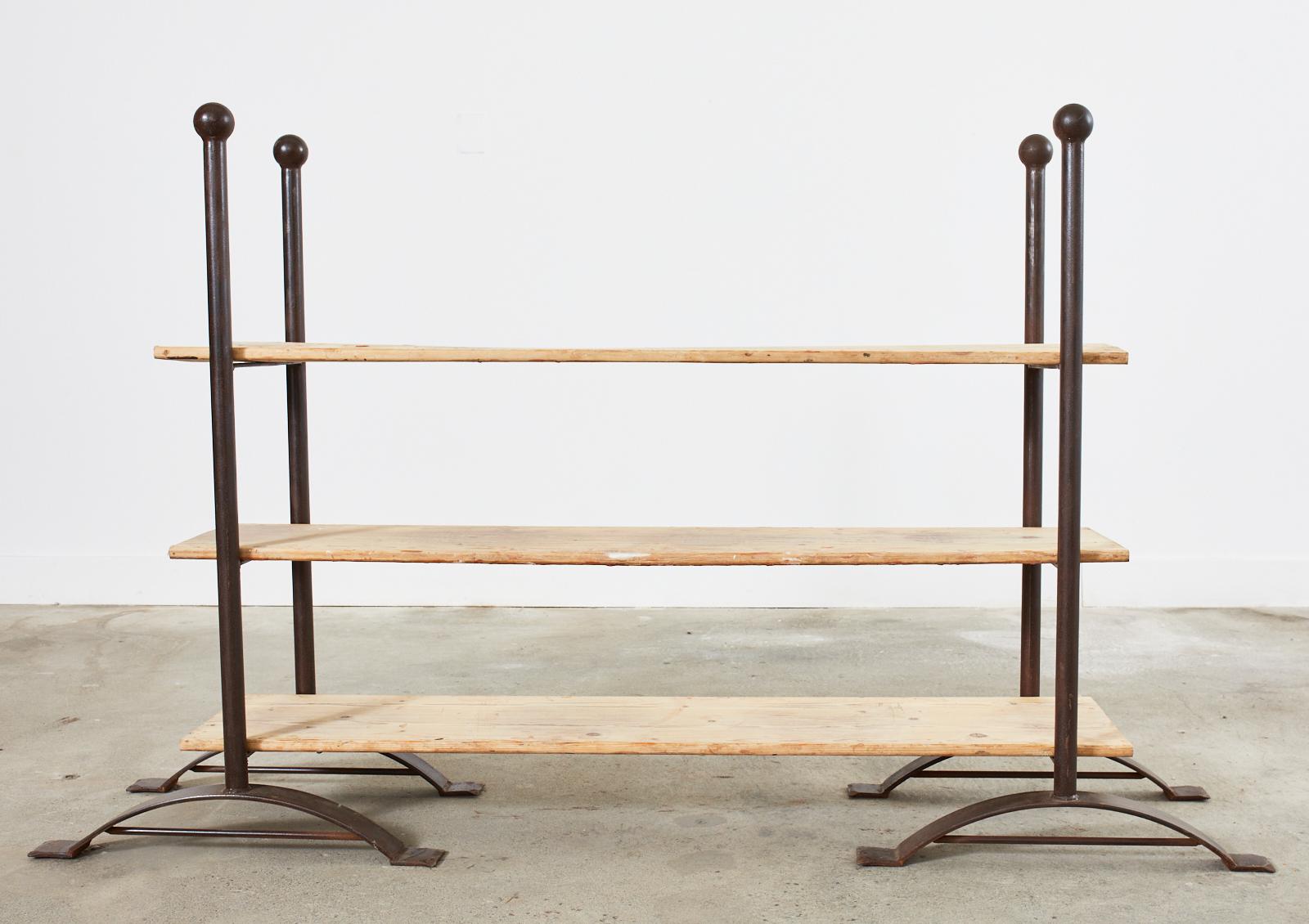 Pair of Patinated Iron and Pine Bakers Rack or Bookshelves For Sale 10