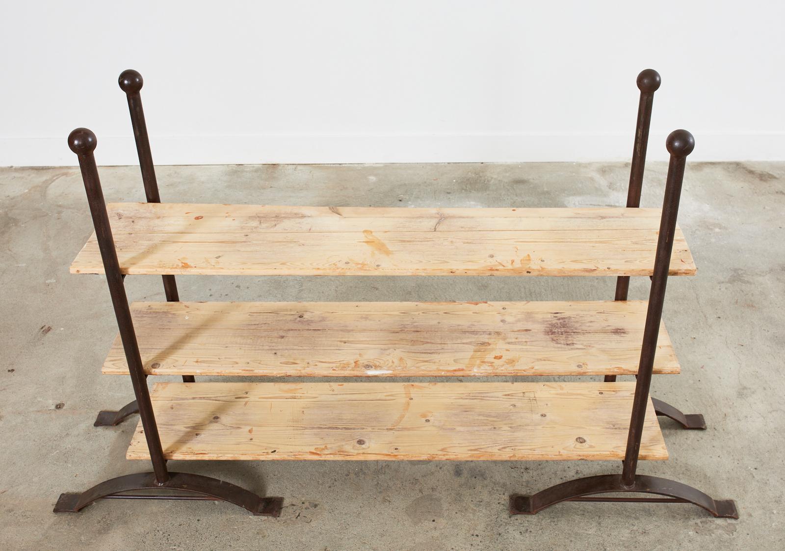 Pair of Patinated Iron and Pine Bakers Rack or Bookshelves For Sale 11