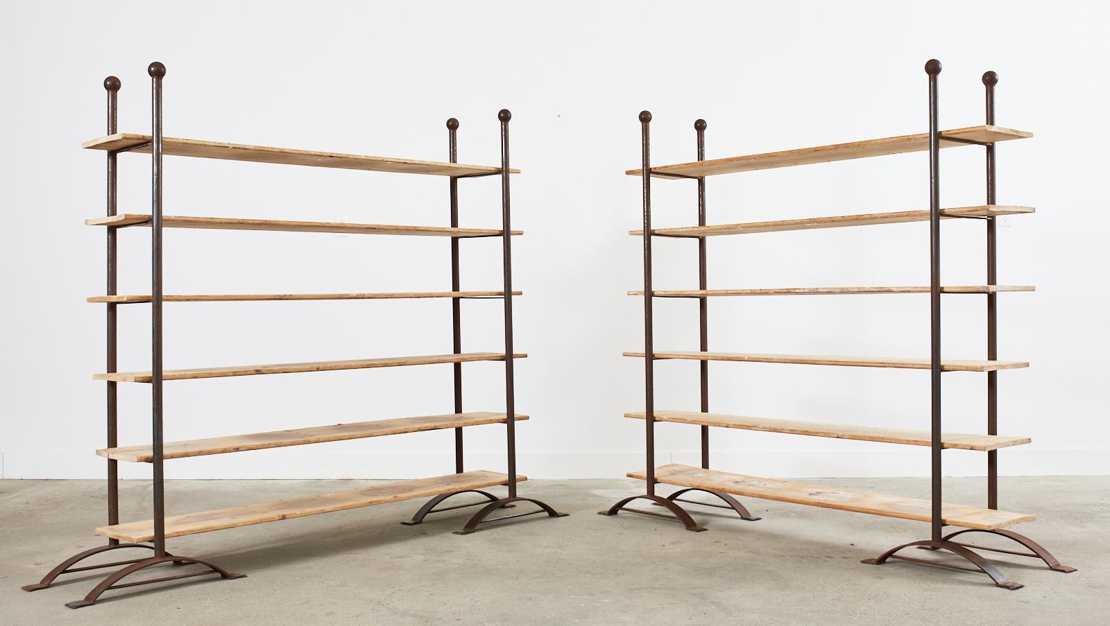 Pair of Patinated Iron and Pine Bakers Rack or Bookshelves For Sale 11