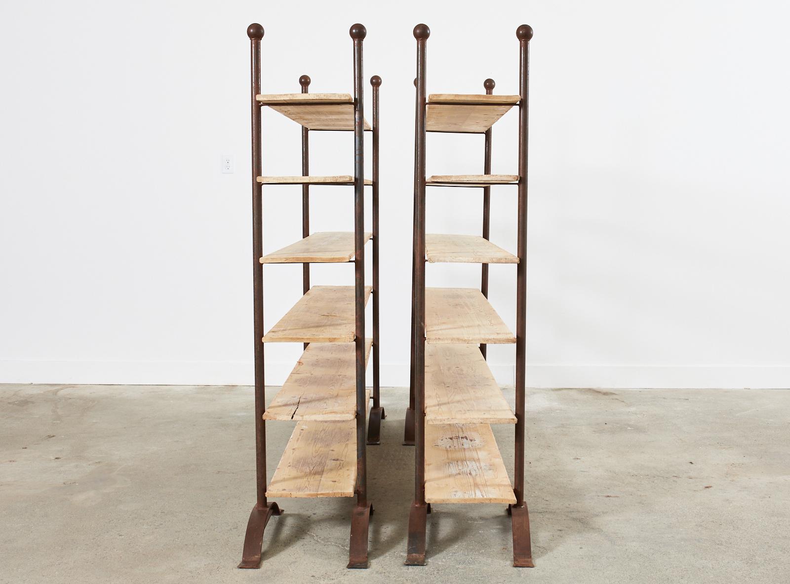 Pair of Patinated Iron and Pine Bakers Rack or Bookshelves For Sale 12