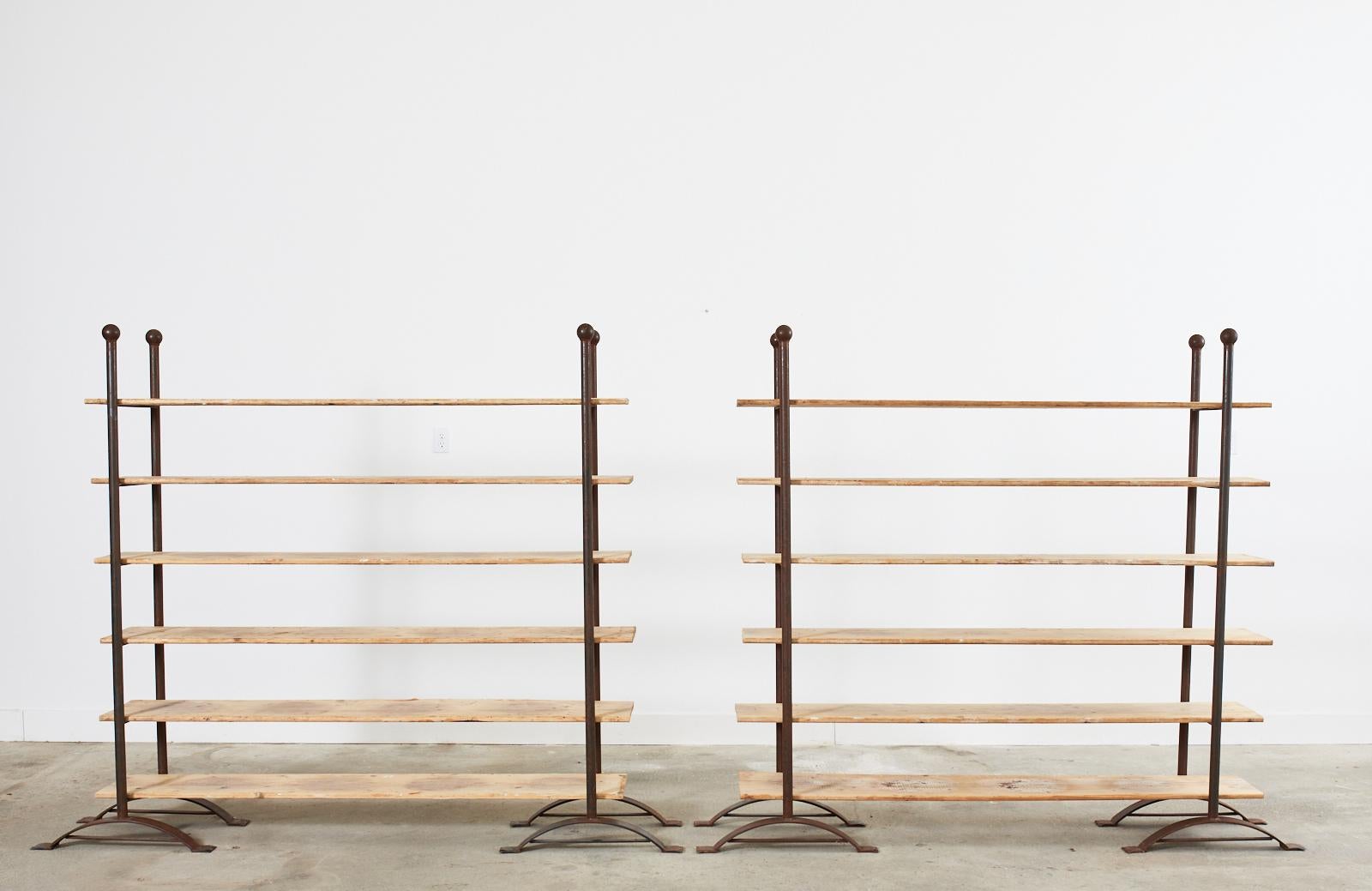 Rustic Pair of Patinated Iron and Pine Bakers Rack or Bookshelves For Sale