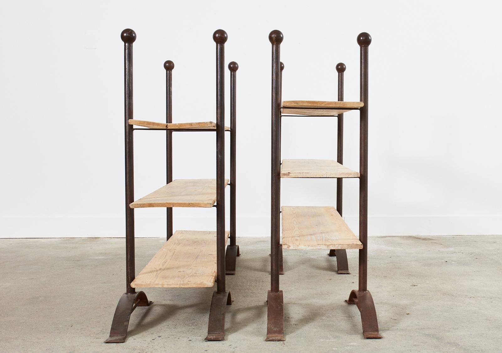 American Pair of Patinated Iron and Pine Bakers Rack or Bookshelves For Sale