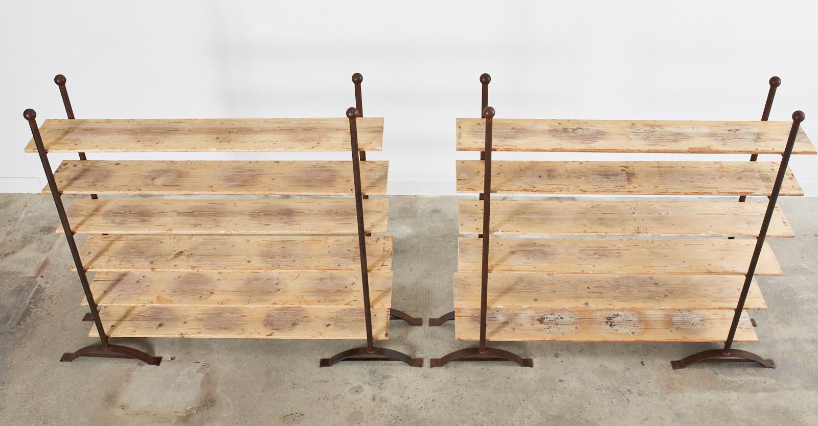 American Pair of Patinated Iron and Pine Bakers Rack or Bookshelves For Sale