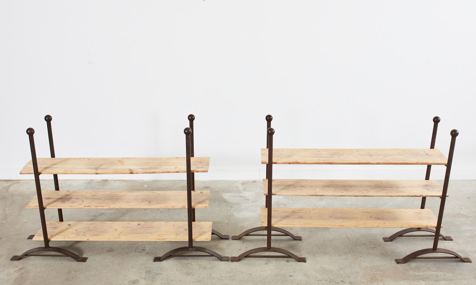 Bleached Pair of Patinated Iron and Pine Bakers Rack or Bookshelves For Sale