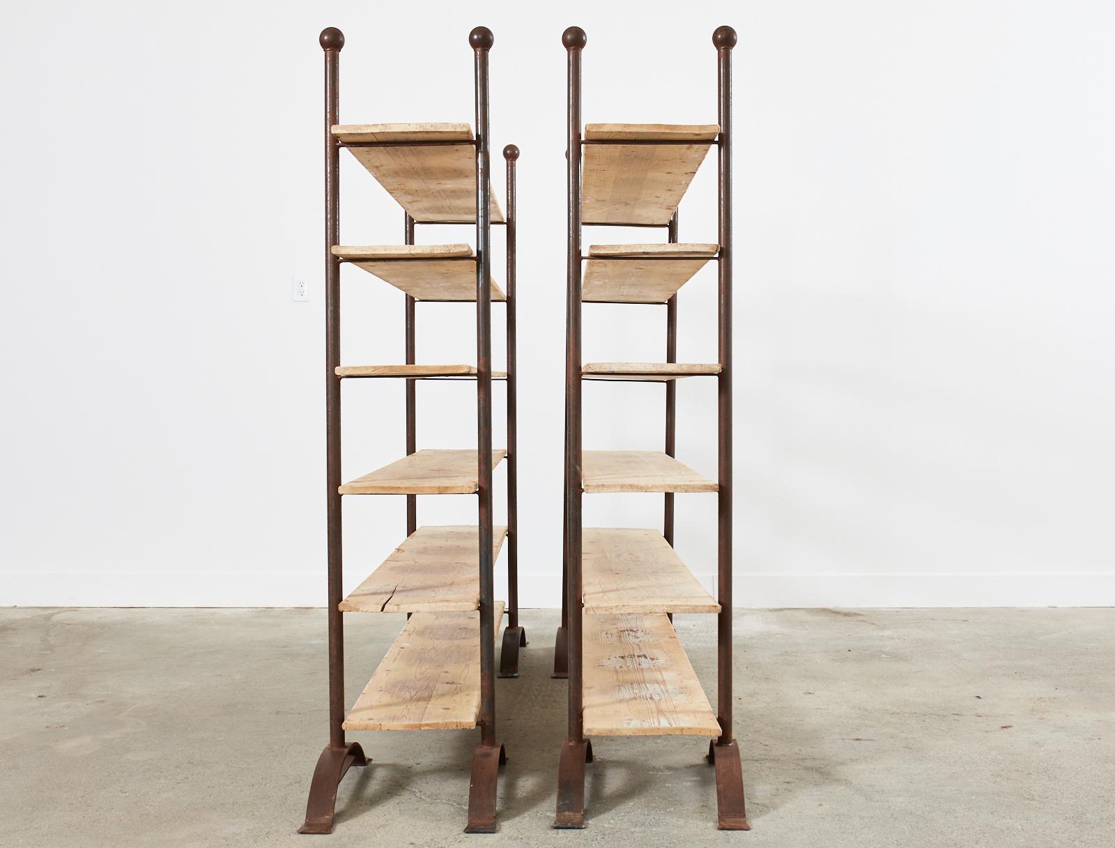 Bleached Pair of Patinated Iron and Pine Bakers Rack or Bookshelves For Sale