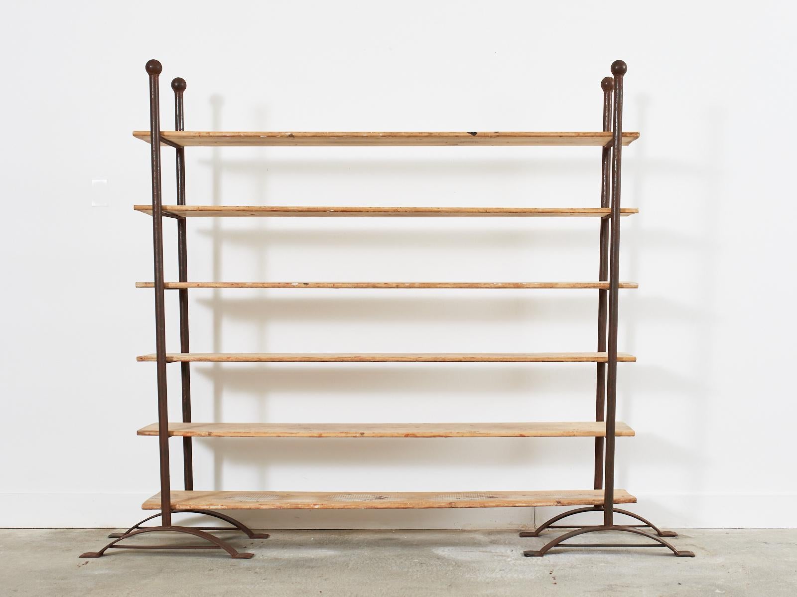 Pair of Patinated Iron and Pine Bakers Rack or Bookshelves In Good Condition For Sale In Rio Vista, CA