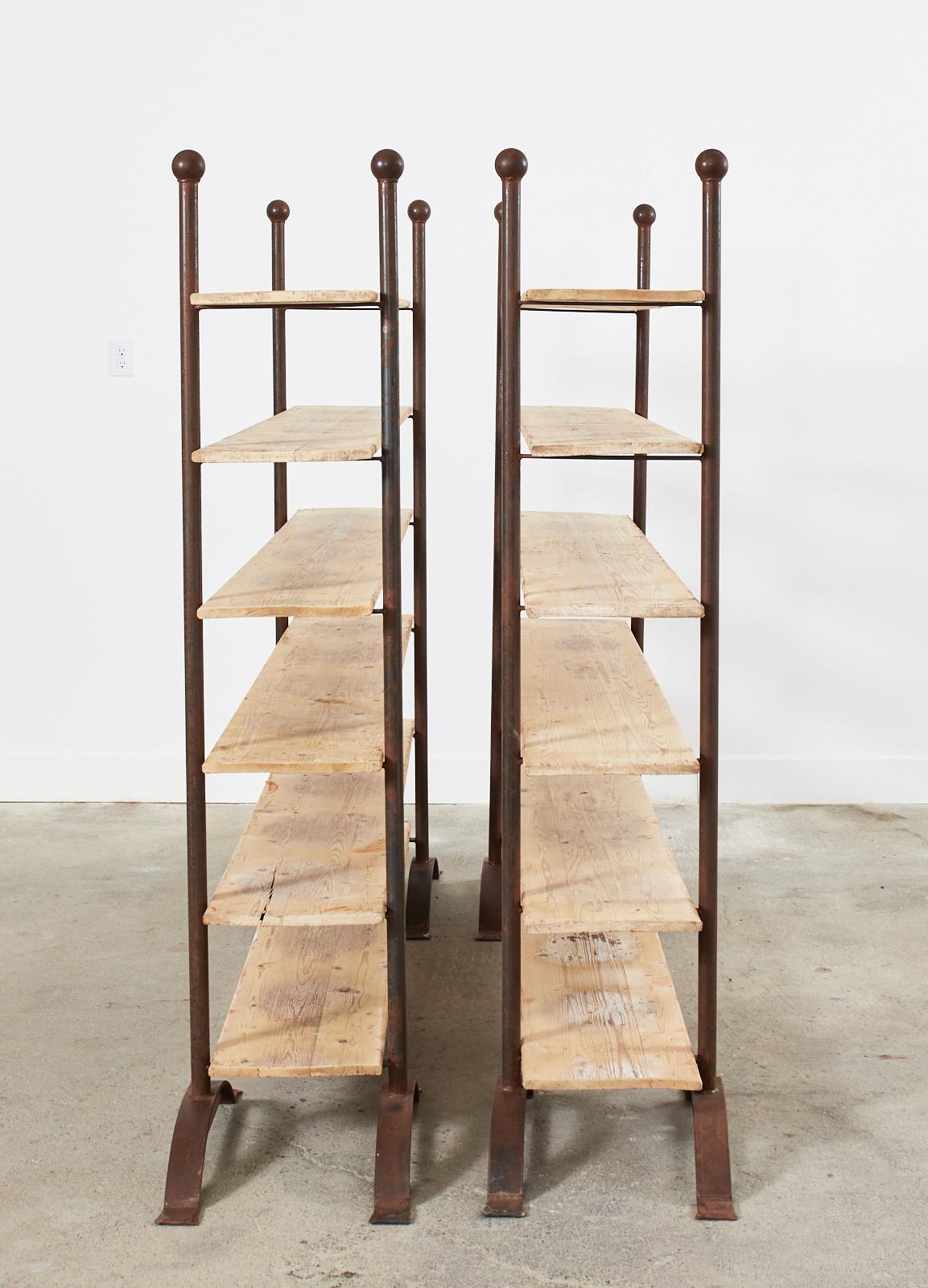 Contemporary Pair of Patinated Iron and Pine Bakers Rack or Bookshelves For Sale