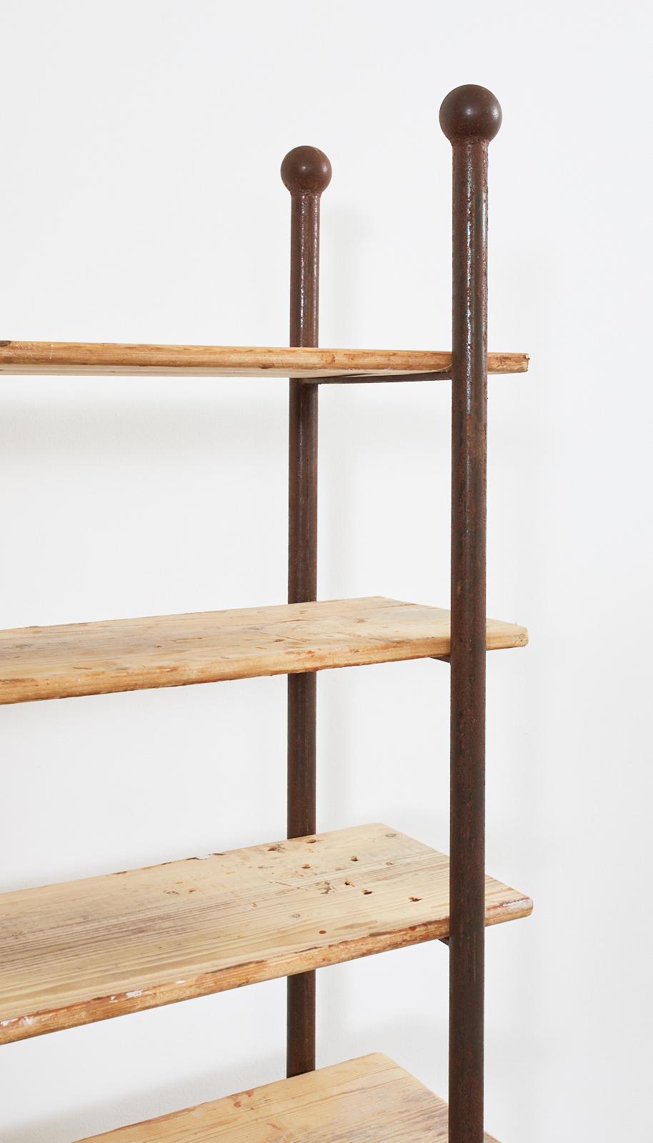 Pair of Patinated Iron and Pine Bakers Rack or Bookshelves For Sale 1