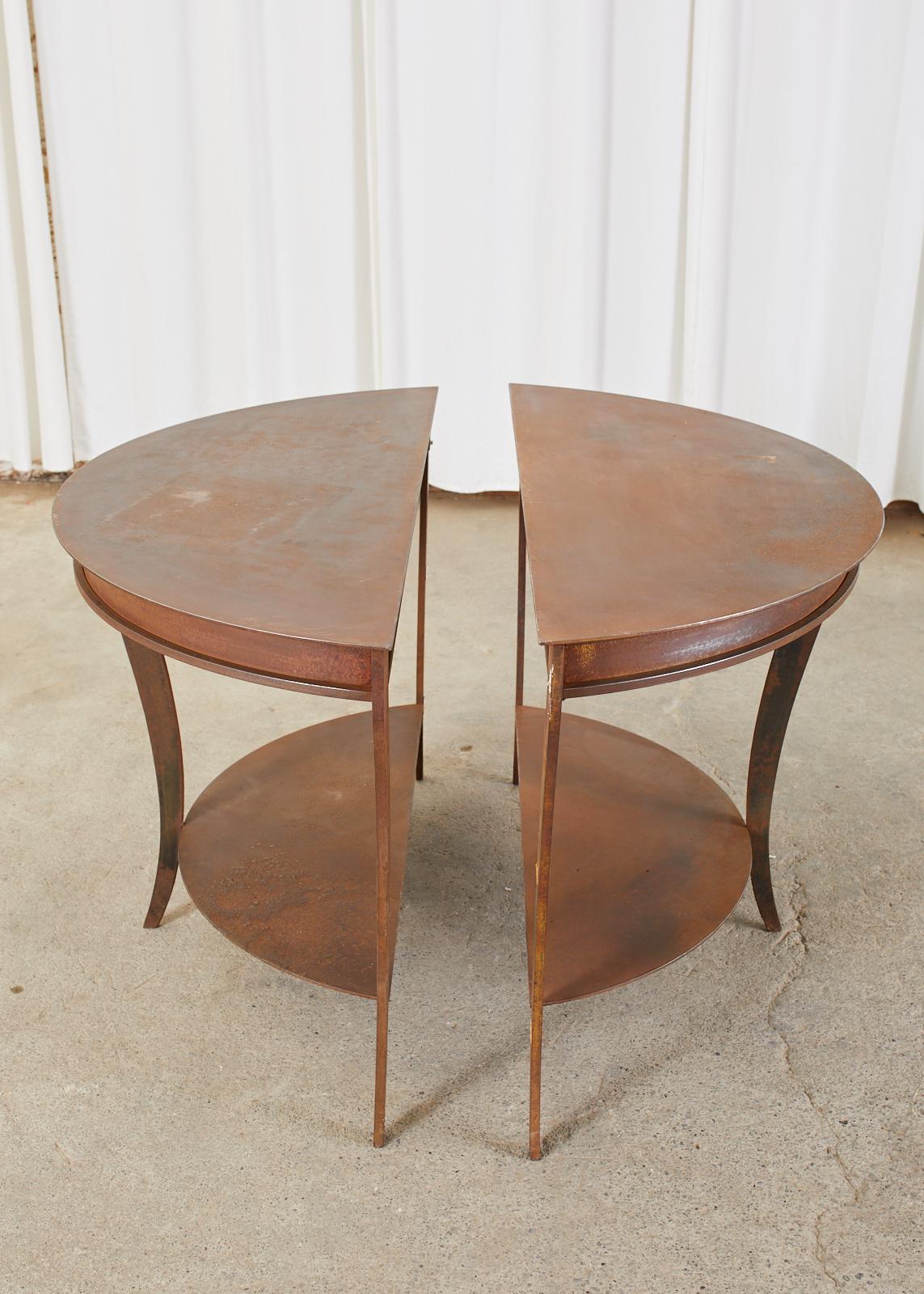 Pair of Patinated Iron Demilune Console Tables For Sale 3