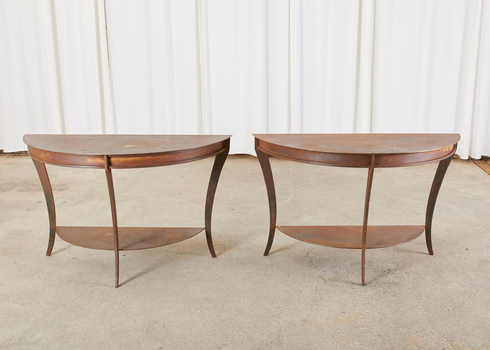 Industrial Pair of Patinated Iron Demilune Console Tables For Sale