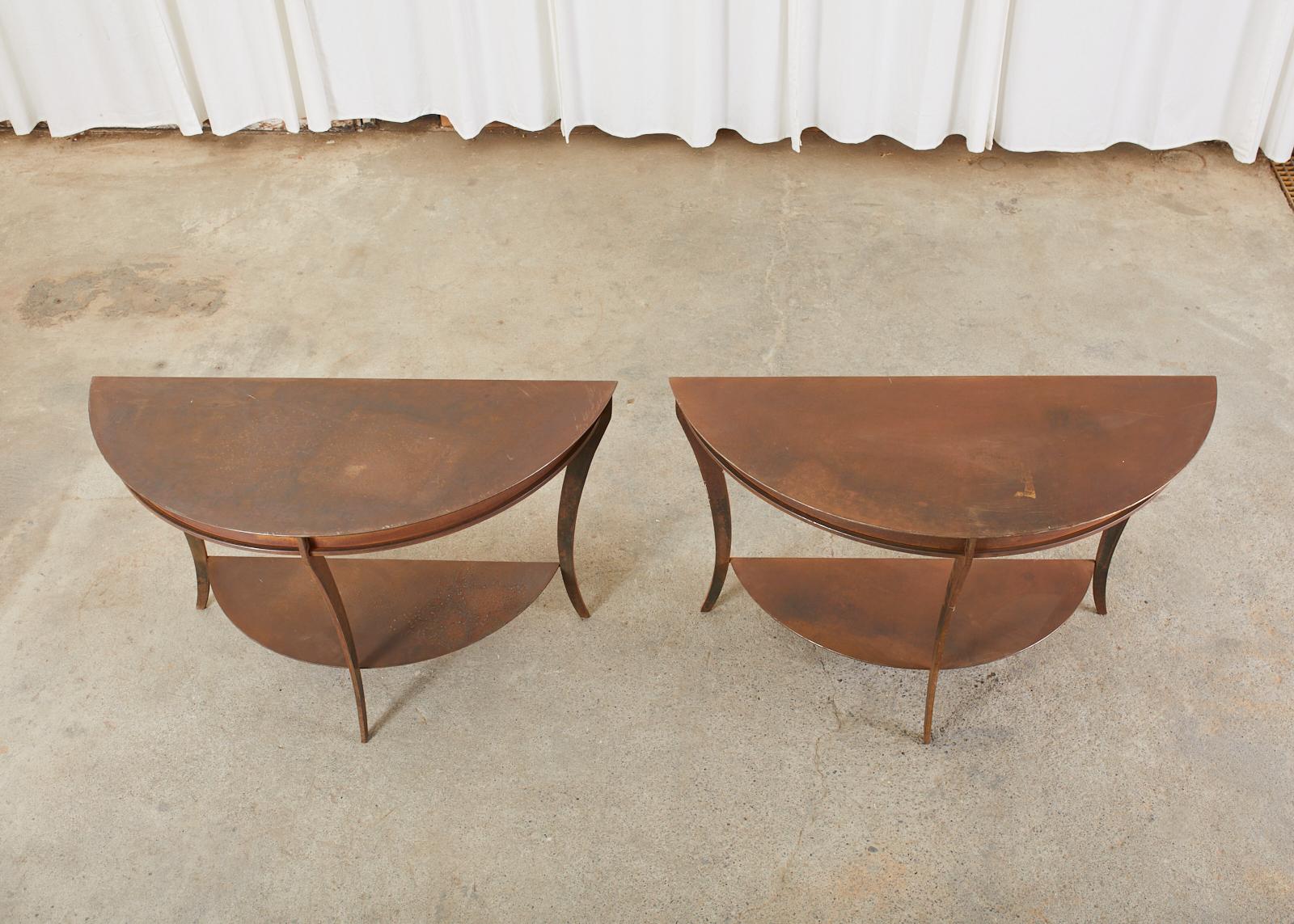 American Pair of Patinated Iron Demilune Console Tables For Sale