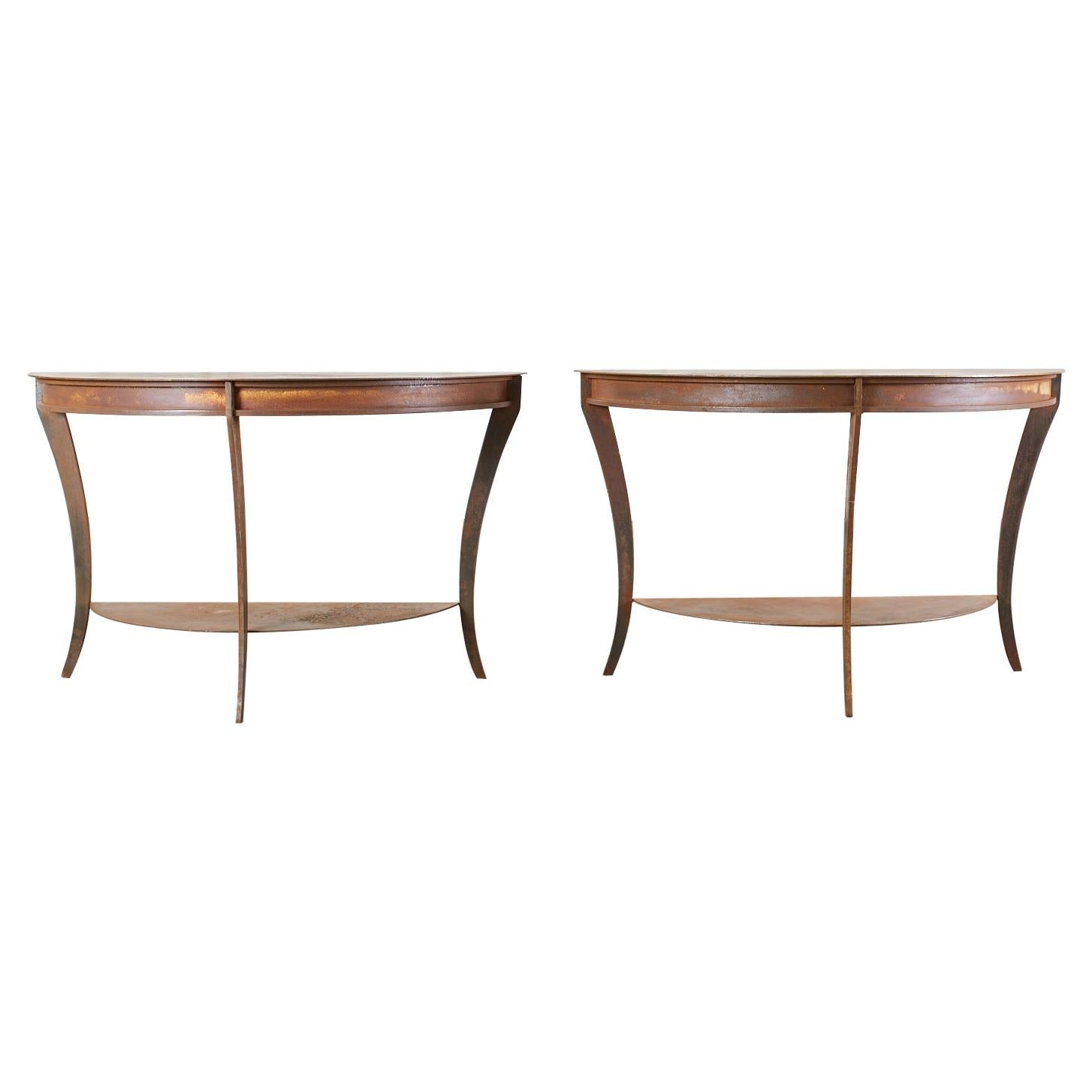 Pair of Patinated Iron Demilune Console Tables For Sale