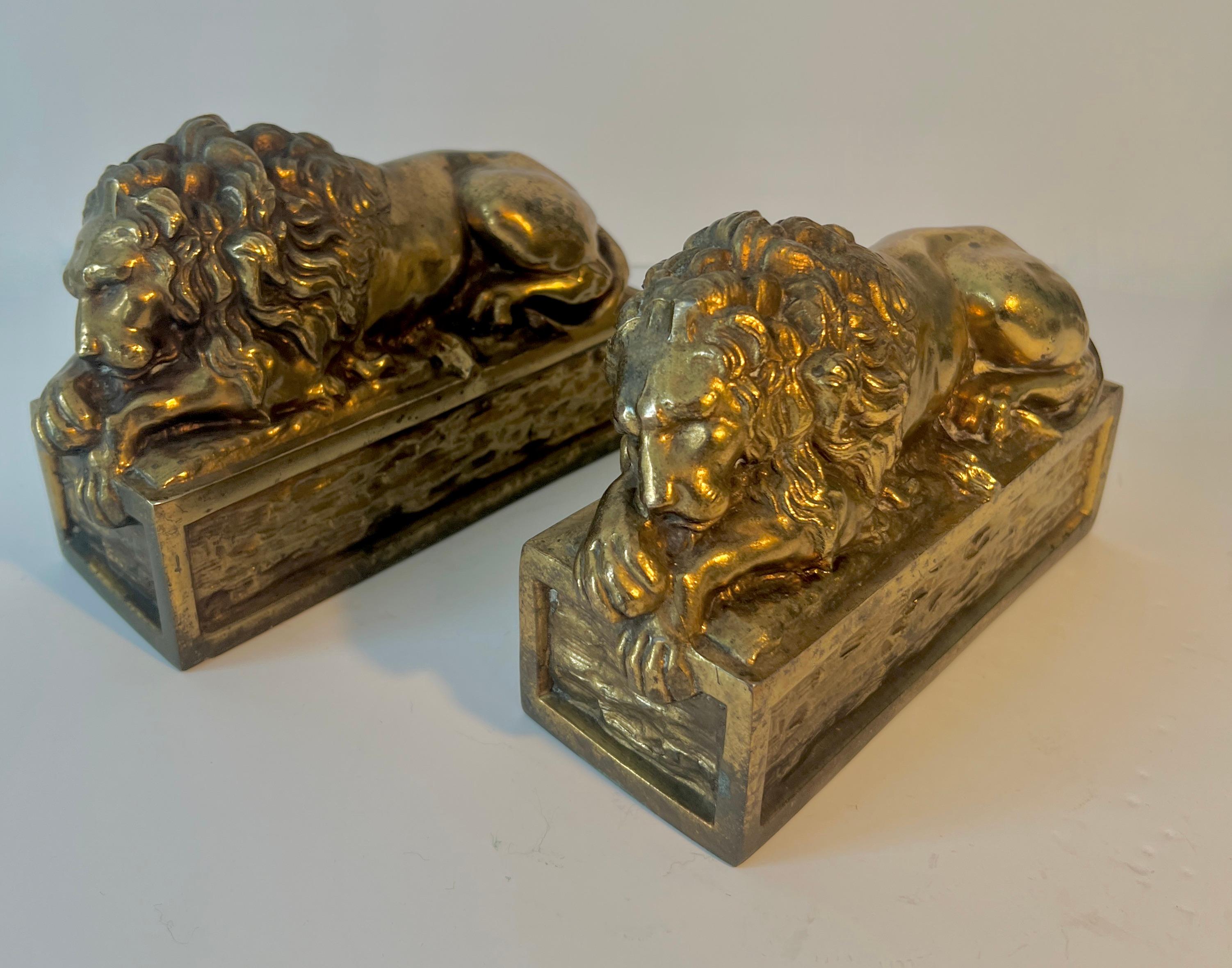 Pair of Patinated Italian Brass Reclining Lion Bookends 5