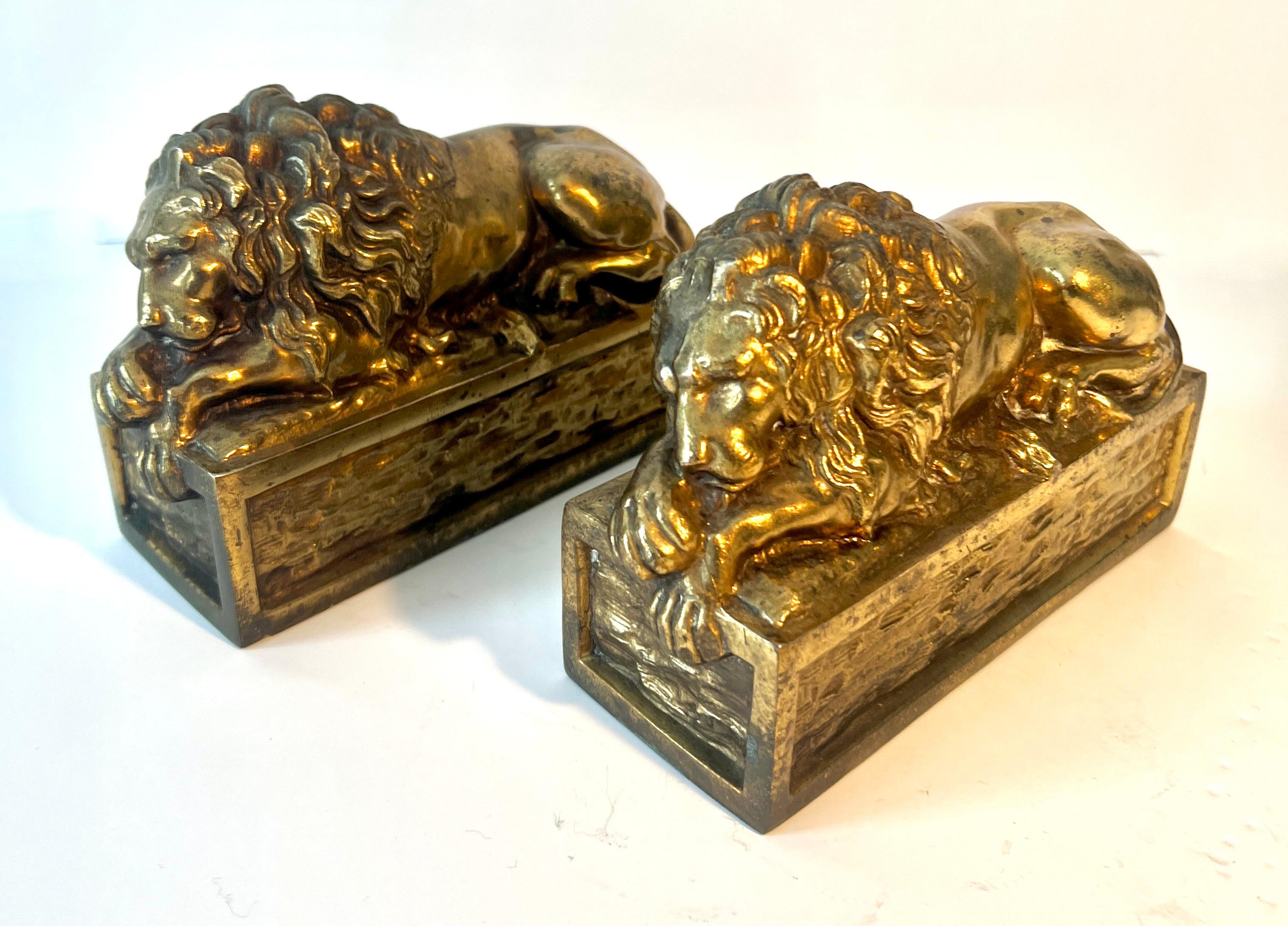 Pair of Patinated Italian Brass Reclining Lion Bookends 6