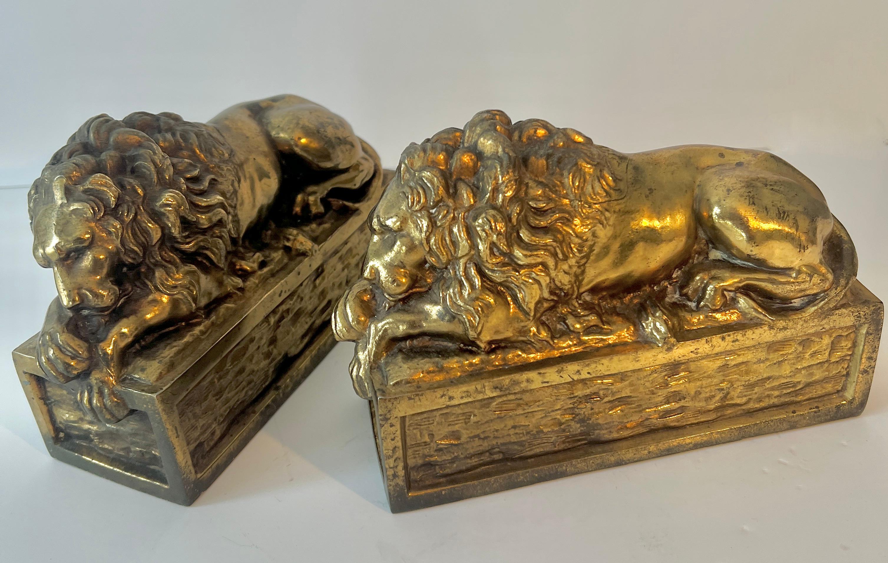 Pair of Patinated Italian Brass Reclining Lion Bookends 7