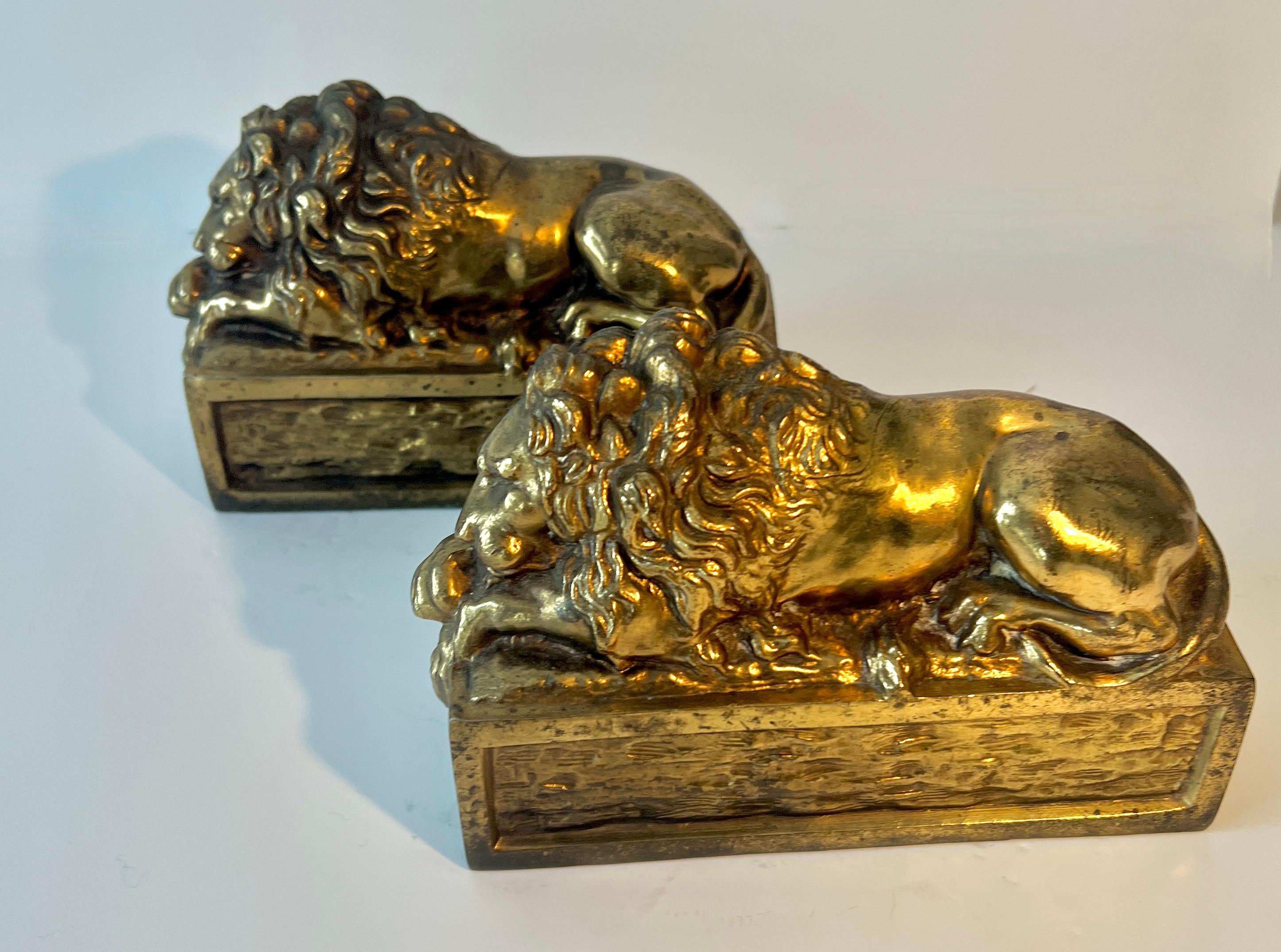 Pair of Patinated Italian Brass Reclining Lion Bookends 8