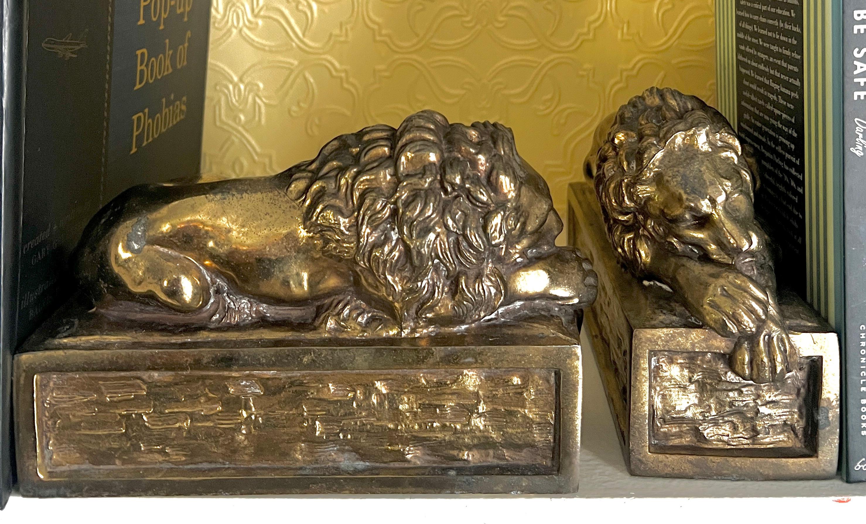 Pair of Beautifully patinated Italian Brass Reclining Lion bookends.

The pair are wonderful on any shelf or end table - are very sexy and of a heavy weight.  A compliment to any room - Den, Library, Office... and a nice gift for the collector of