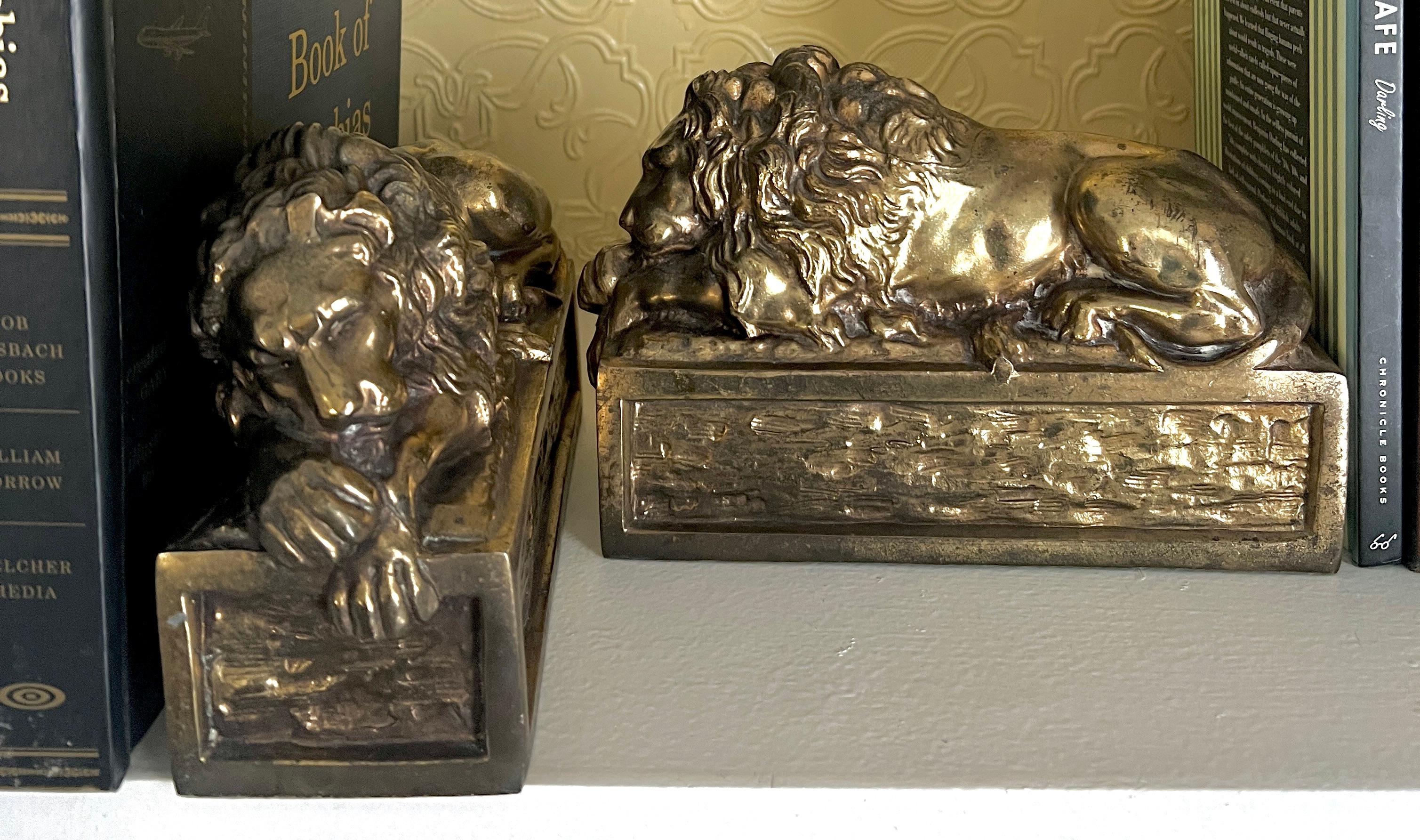 Cast Pair of Patinated Italian Brass Reclining Lion Bookends