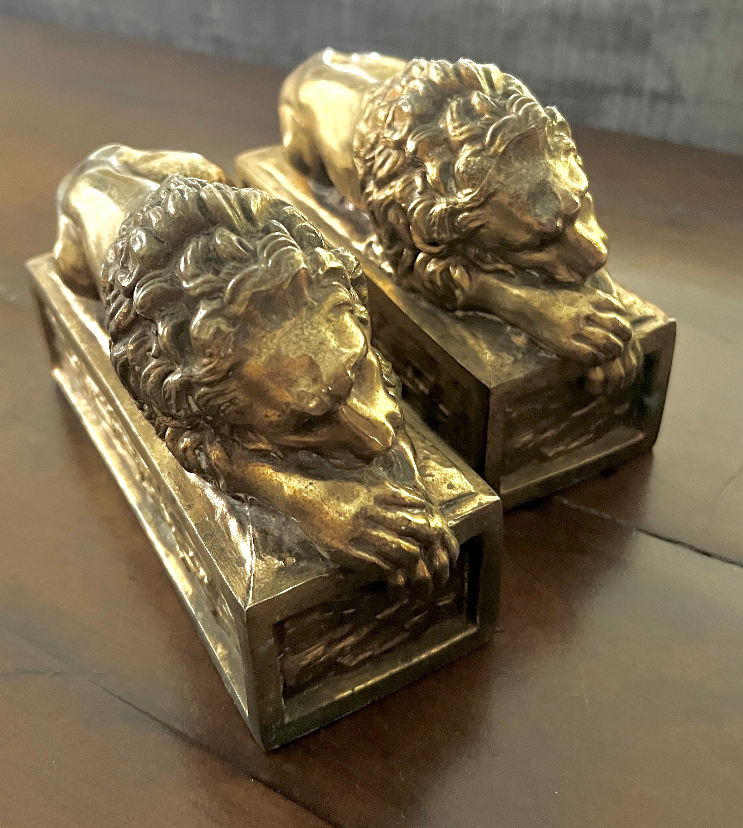20th Century Pair of Patinated Italian Brass Reclining Lion Bookends