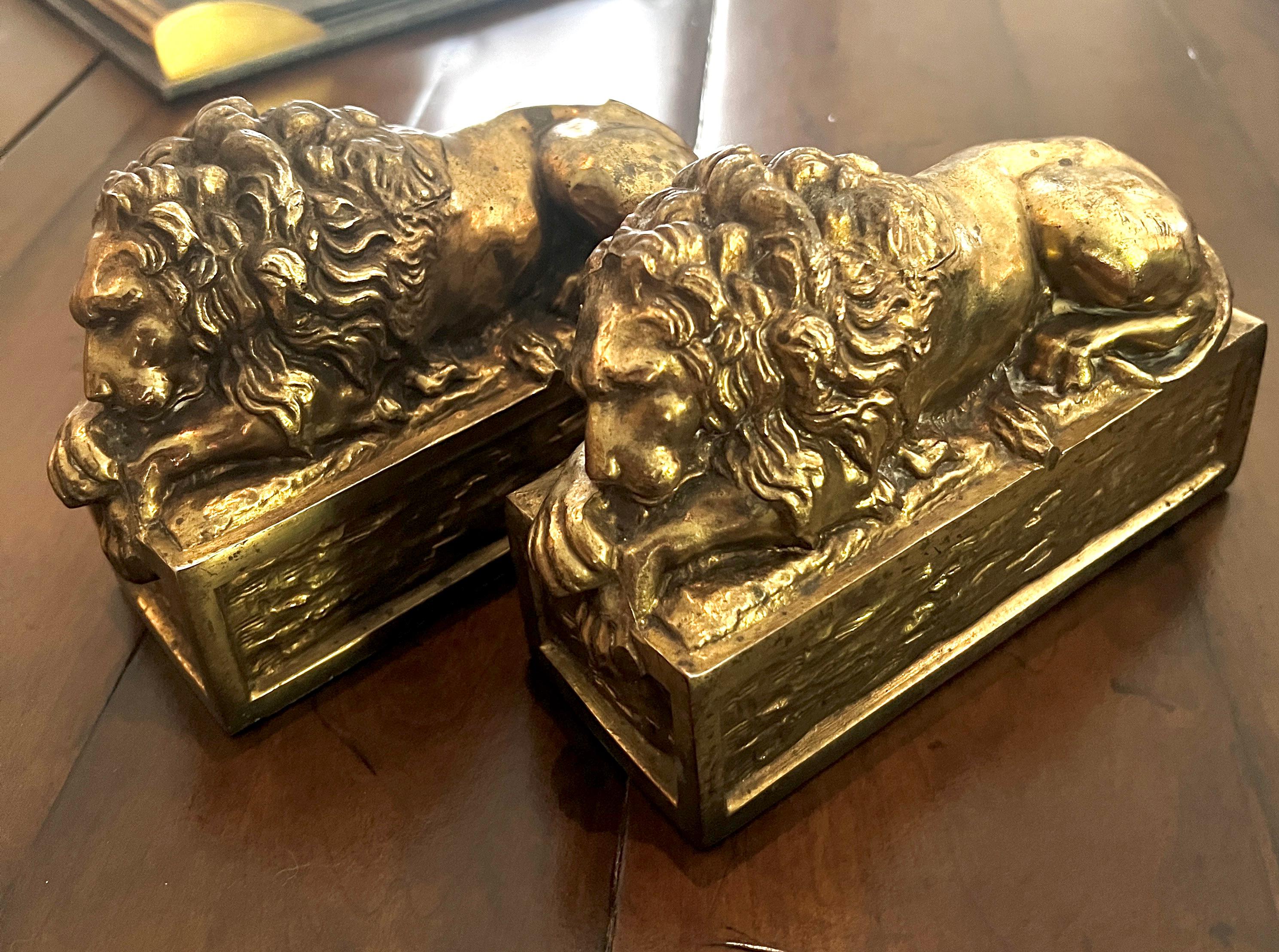 Pair of Patinated Italian Brass Reclining Lion Bookends 1